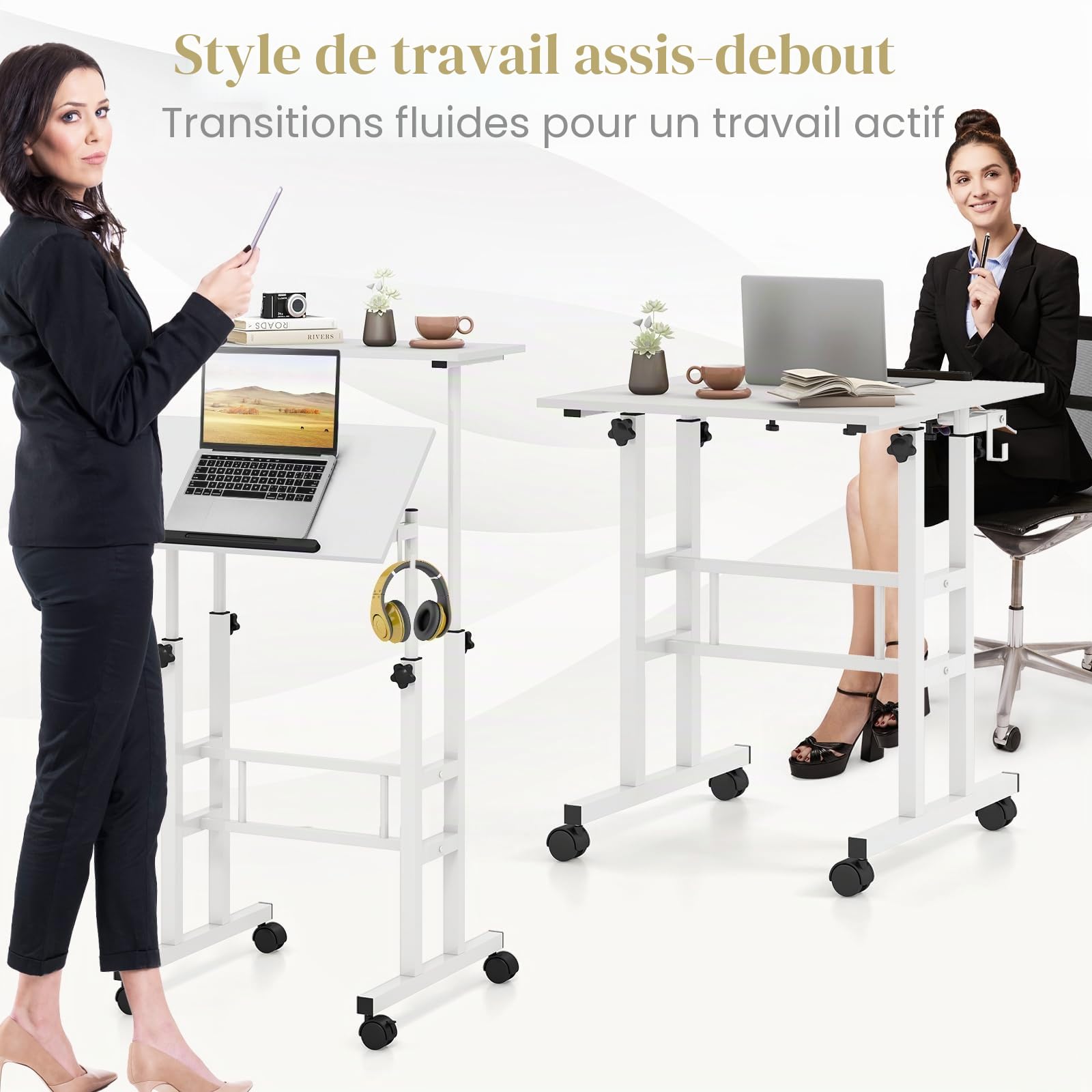 GIANTEX Bureau Assis-Debout, réglable en Hauteur, Table d'ordinateur à Dessin avec roulettes, Bureau Debout Mobile avec 2 Stations de Travail séparées, Table PC Table de Travail (Blanc)