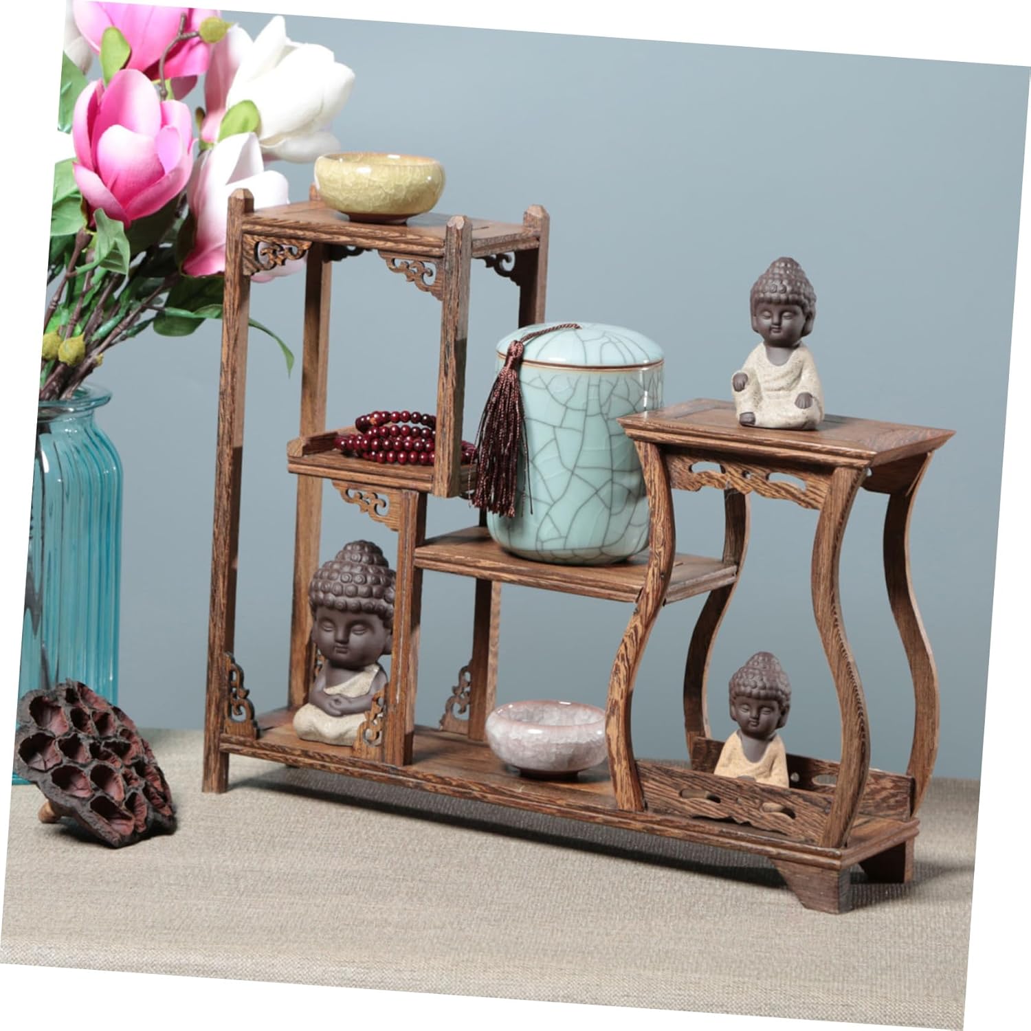 Antique Wooden Curio Display Rack Wood Tea Canister Stand 3-Tier Design for Home Decor Vintage Display for Wooden Crafts and Collectibles