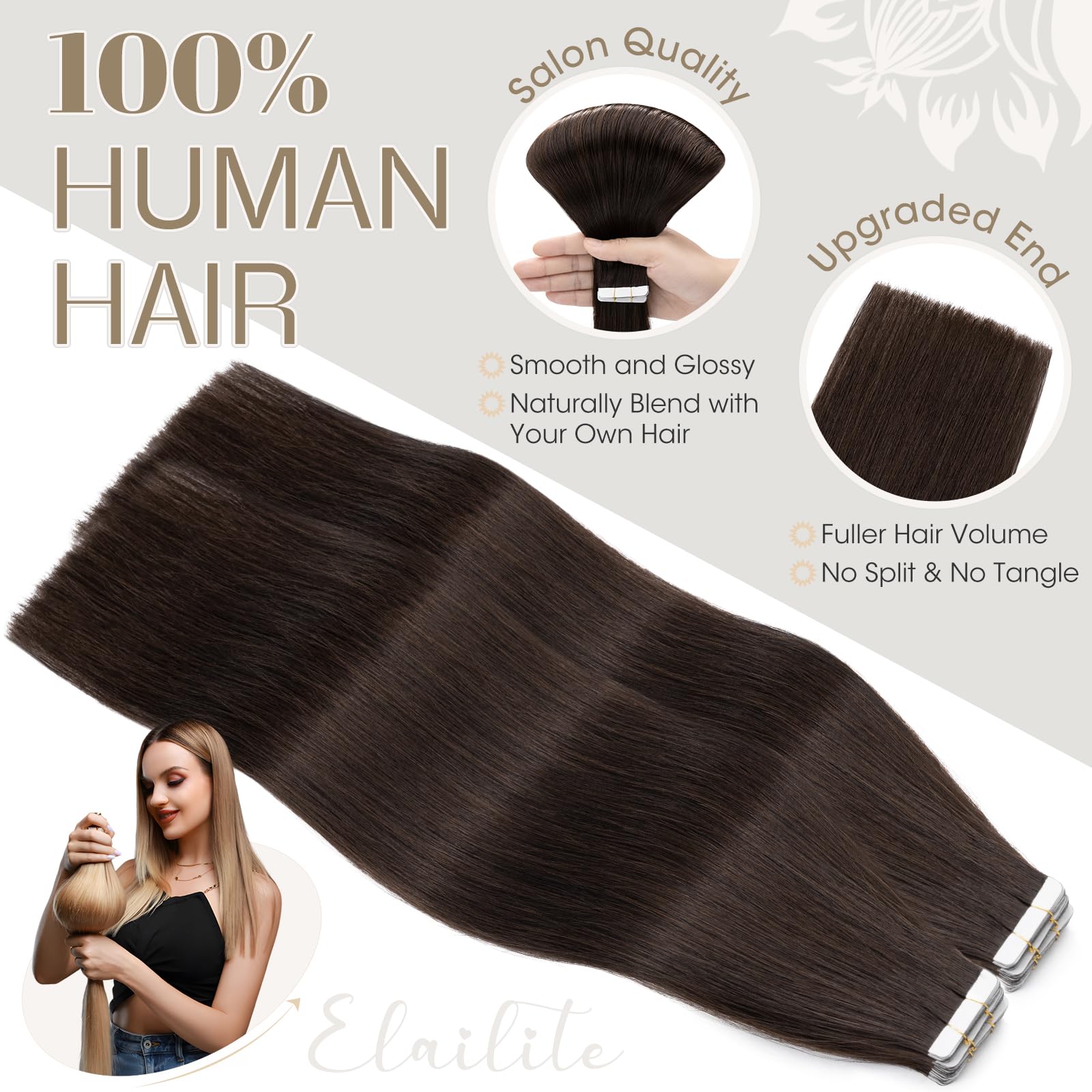 Elailite Tape in Hair Extensions Real Human Hair Brown 40 Pcs 100g - Image 4
