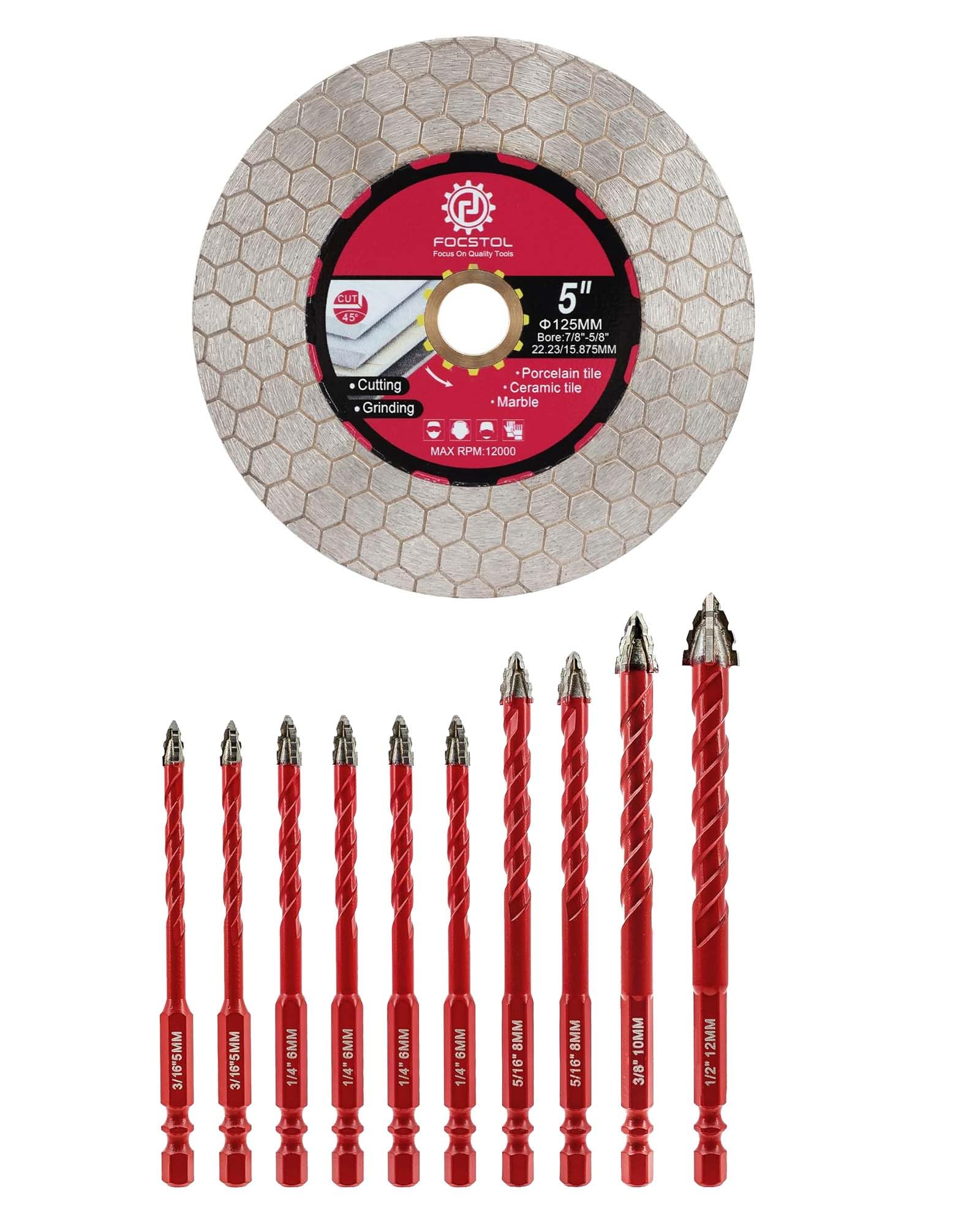 FOCSTOL Juego Brocas Seco 10 piezas 5/6/8/10/12mm Juego Brocas Carburo con Cambio Rápido Mango Hexagonal y Disco Diamante 125mm x 22,23mm Doble Lado Disco de Corte y Molienda