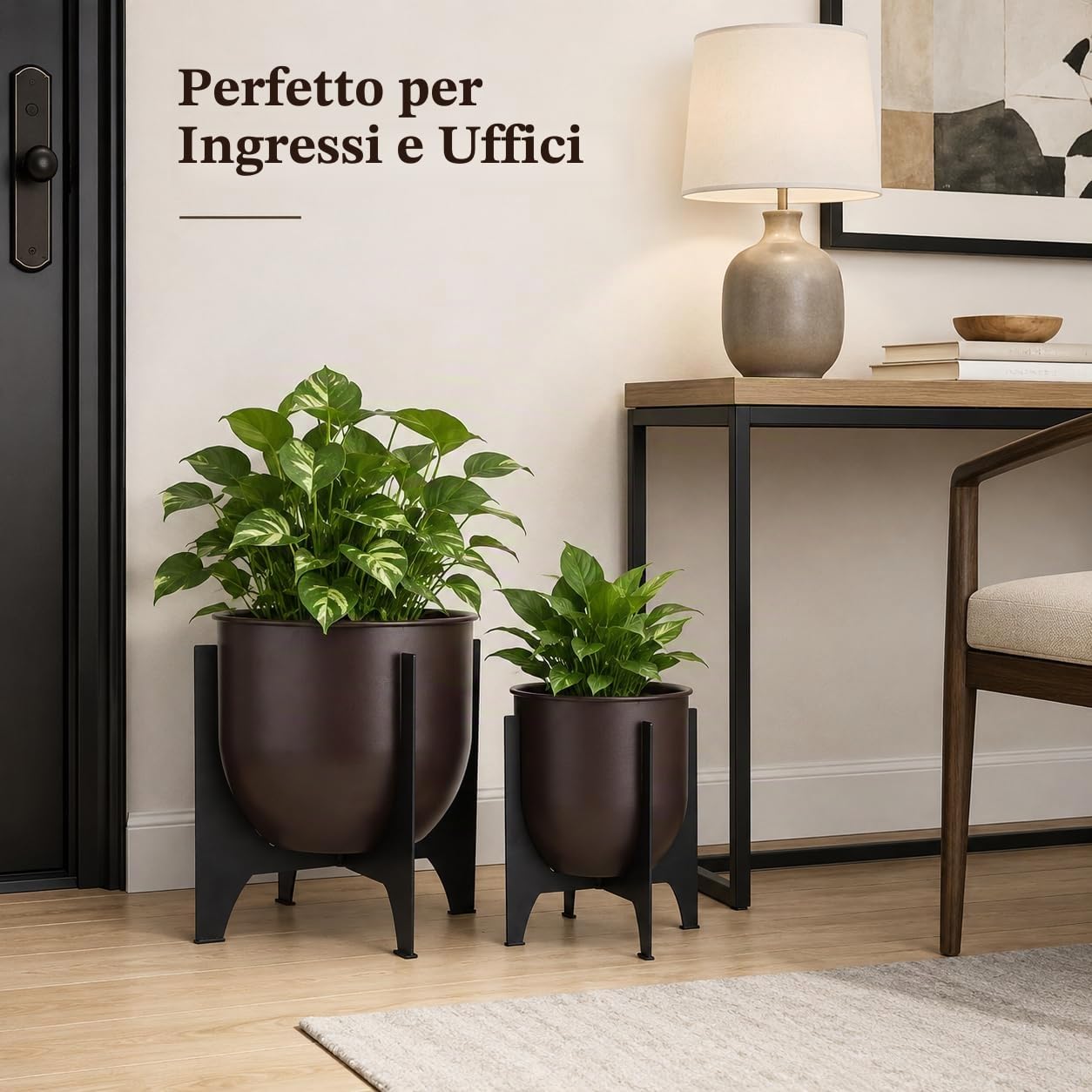 TRIROCKS - Set di 2 vasi con supporto in metallo per interni ed esterni, vasi moderni per soggiorno, angolo, cucina, ufficio, giardino, balcone, decorazione da patio