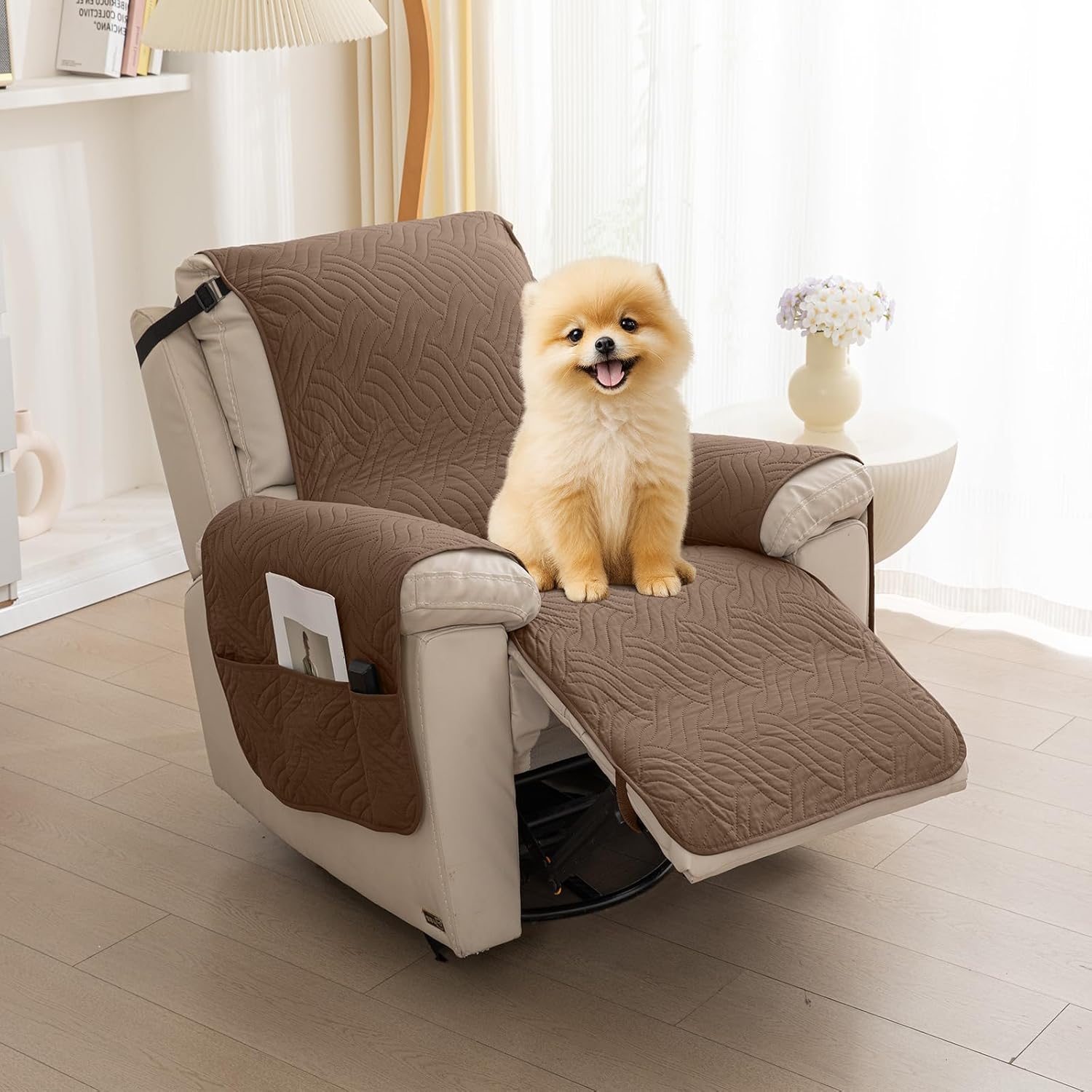 Deep Dream Waterproof Recliner Chair Covers, Non-Slip Recliner Couch Cover, Lazy Boy Chair Cover Furniture Protector, Washable Quilted Sofa Slipcover with Pocket for Pets, Kids(Brown,23")
