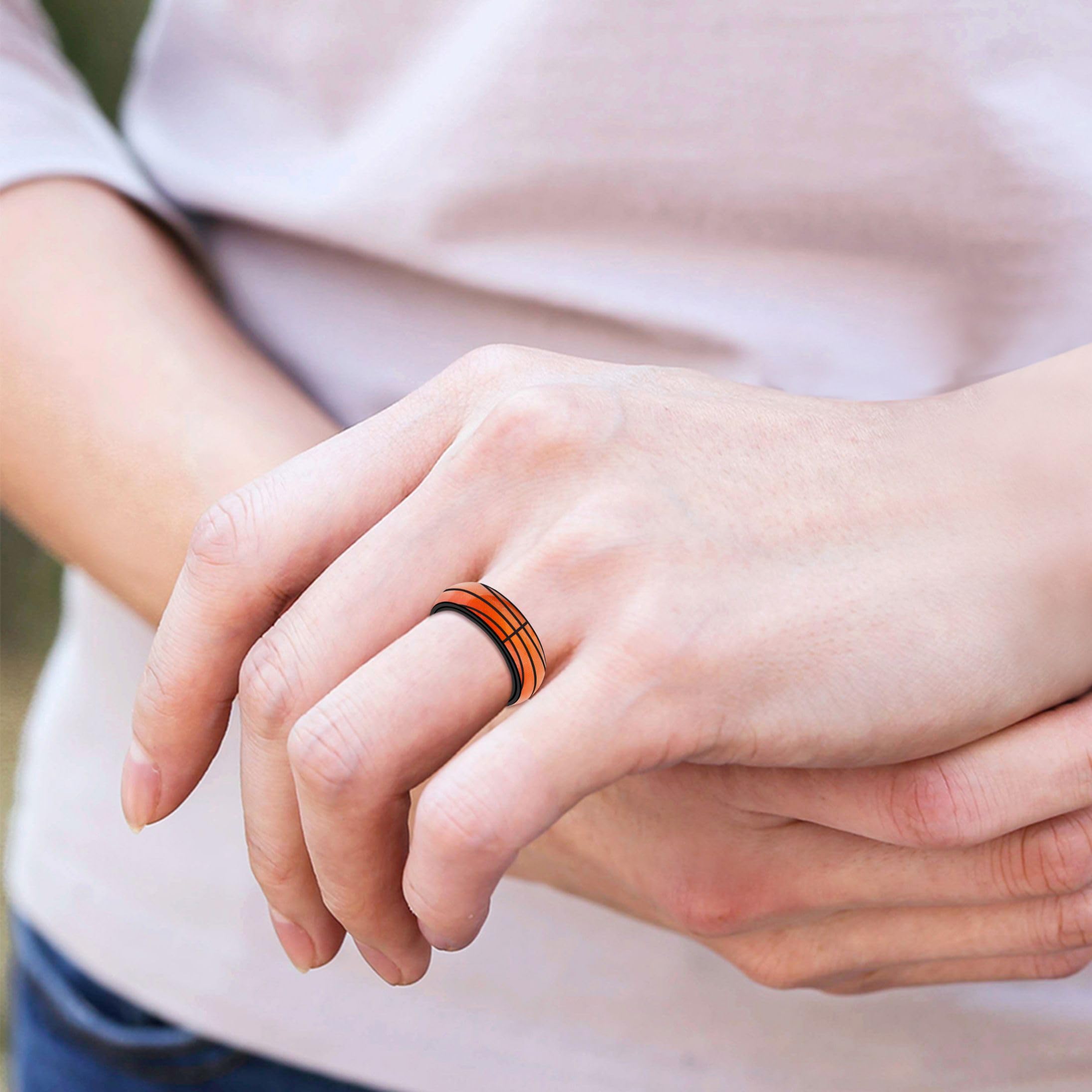 Tobestu Rotating Stress Relieving Anti Anxiety Sports Style Rings for Men Women - Orange Basketball Ring Suitable for Athletes and Ball Fans (Size 7) YA5036