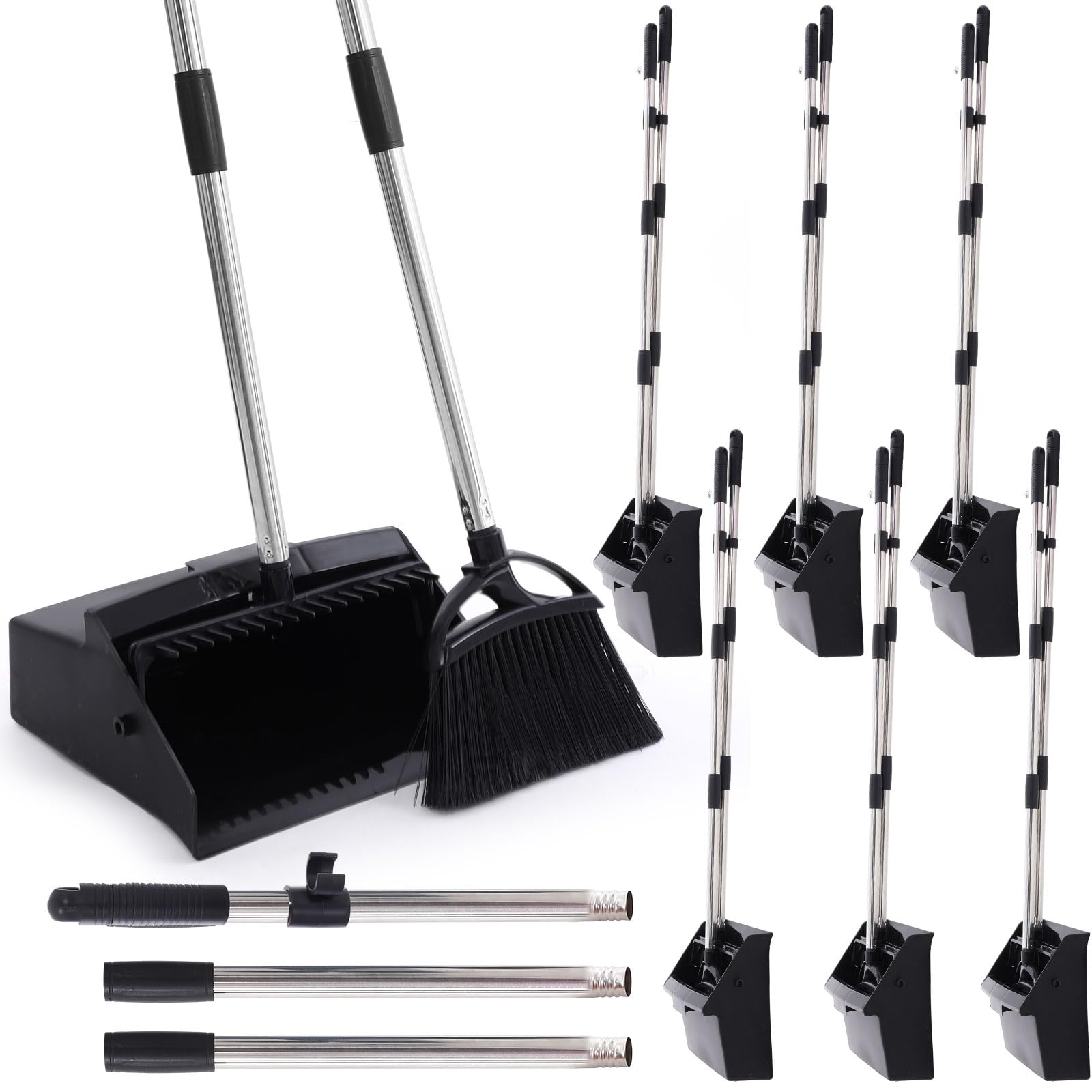 12 Pcs Broom and Dustpan Set with Comb, Collapsible Standing, Black