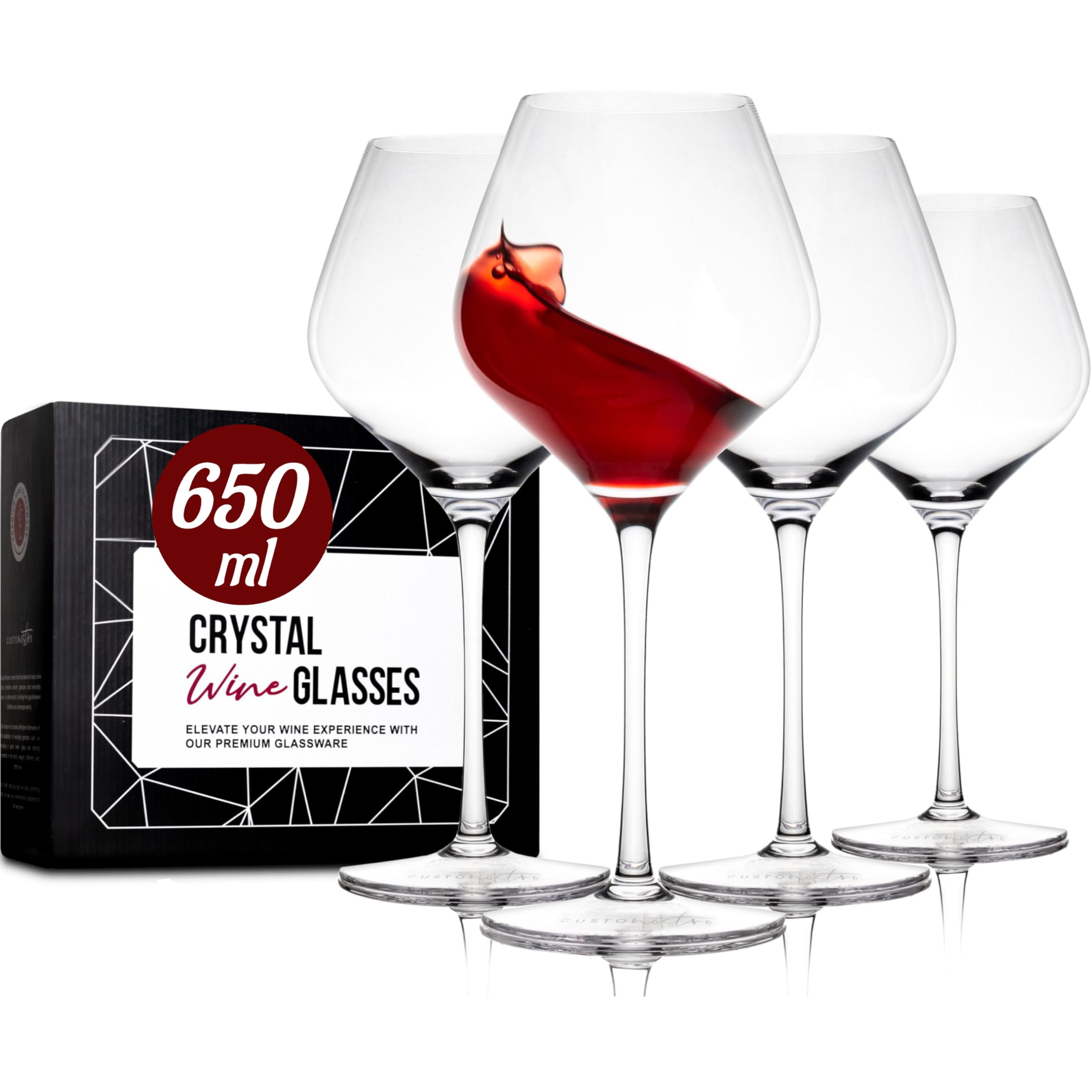 Gusto Nostro Set di 4 Calici Vino in Cristallo, 650 ml - Bicchieri Vino Rosso e Bianco a Stelo Lungo Moderni, Lavabili in Lavastoviglie, Eleganti e Raffinati - Per Matrimoni, Cene, Feste