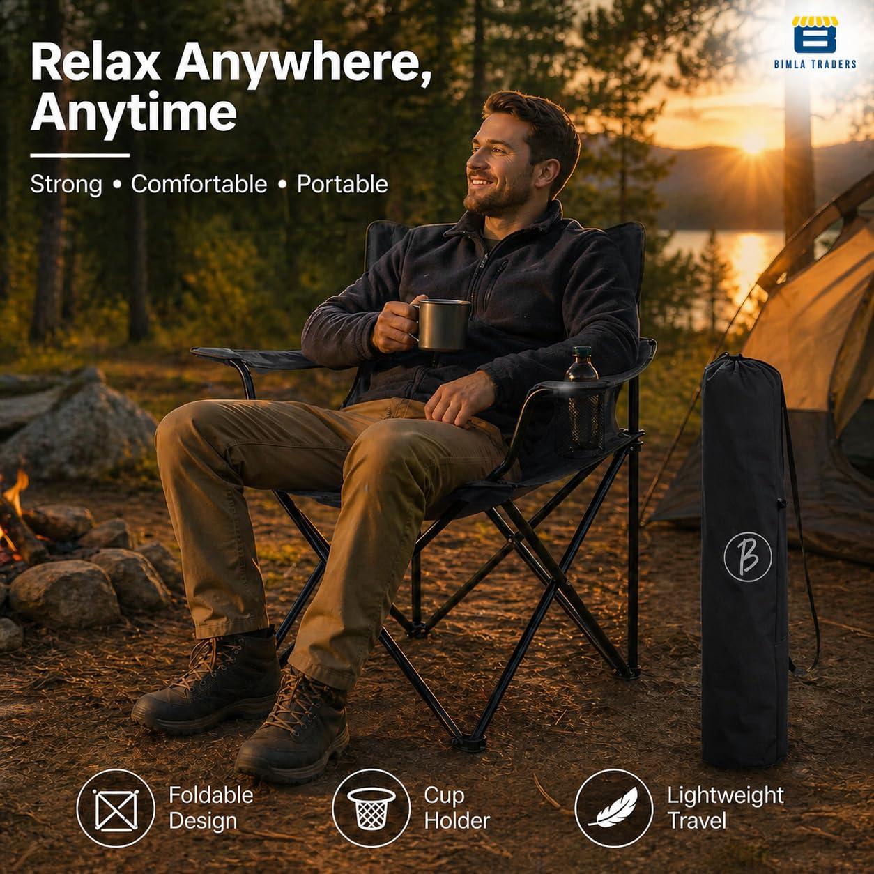BTAG Foldable Camping Chair with Armrest & Cup Holder, Portable Outdoor Chair with Carry Bag for Camping, Picnic, Fishing & Travel β Black