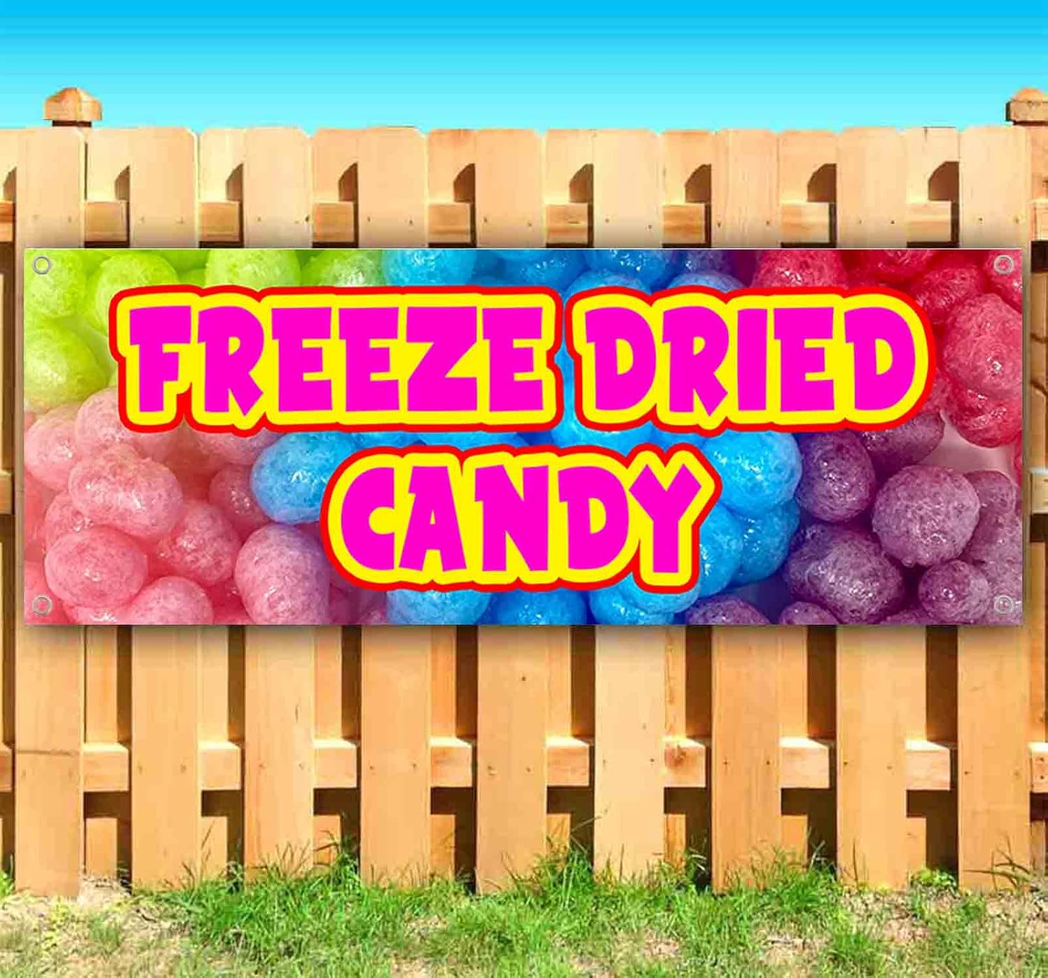 Freeze Dried Candy Banner 13 oz | Non-Fabric | Heavy-Duty Vinyl Single-Sided With Metal Grommets | Food, Sweets, Treats, Dessert, Snack