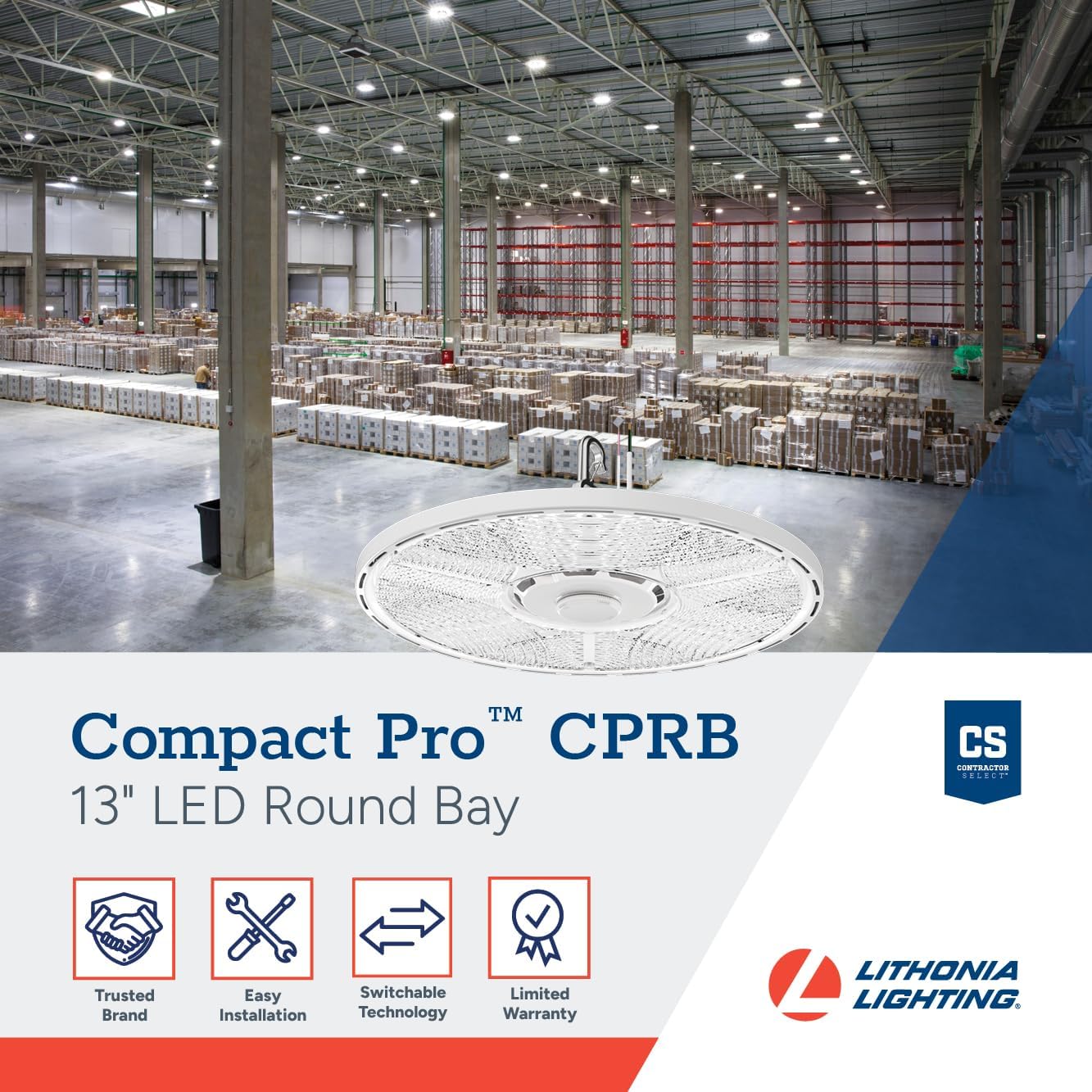 Lithonia Lighting Compact Pro Round LED High Bay Light, Ceiling Lighting Fixture, Adjustable 12000/15000/18000 Lumens, Selectable 4000K/5000K, UVOLT 120–347V, White (CPRB ALO13 UVOLT SWW9 80CRI DWH)