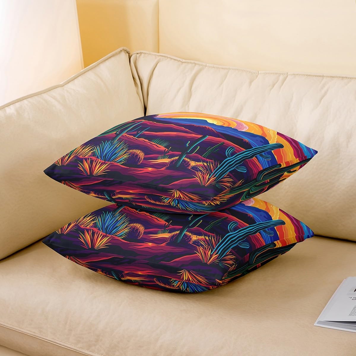 Erosebridal Retro Cactus Pillow Cover 24x24 Inch,Retro Western Wild West Throw Pillow Cover,Abstract Oil Painting Decorative Pillow Cover,Farmhouse Desert Botanical Plants Cushion Case