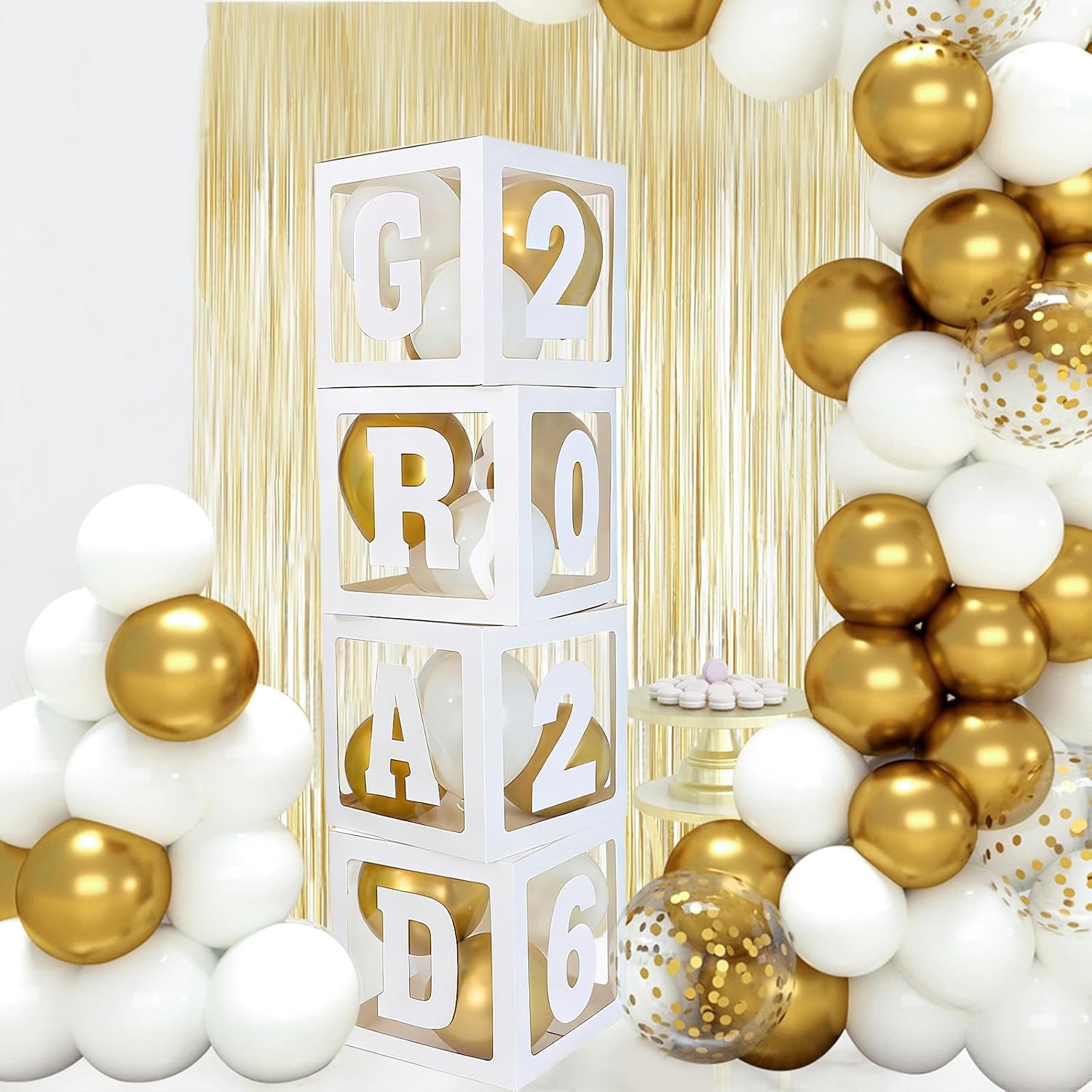 Condition photo showing New/Like New for 2026 graduation decorations - 4pcs white balloon boxes with letters 2026&grad for preschool kindergarten middle high school college graduation party decorations class of 2026