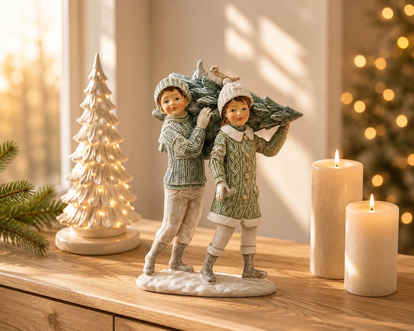 Deko-Figuren Winter-Kinder Mädchen & Junge mit Tannenbaum & Vögeln Pastellfarben Weihnachts-Dekoration in weiß Creme & grün Weihnachten Weihnachtsschmuck Advent Winter Geschenk-Idee