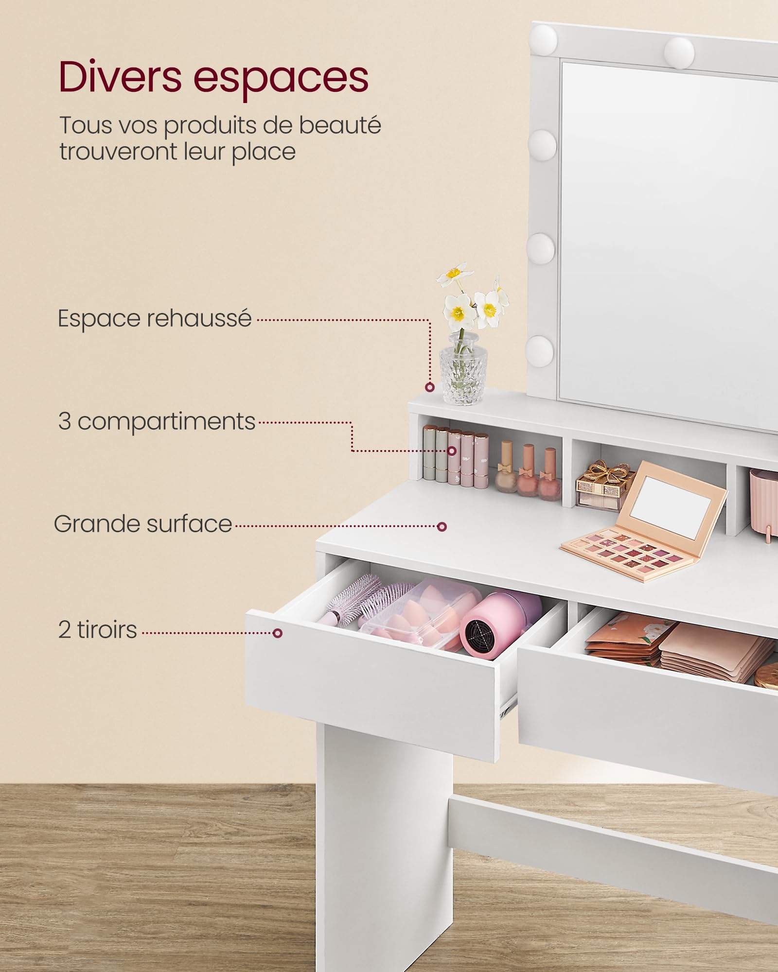 VASAGLE Kailyn Collection - Coiffeuse, Miroir LED, Éclairage 3 Couleurs Réglable, Table de Maquillage avec Miroir, 2 Tiroirs et 3 Compartiments, Coin Beauté, Style Moderne, Blanc RDT114WB01