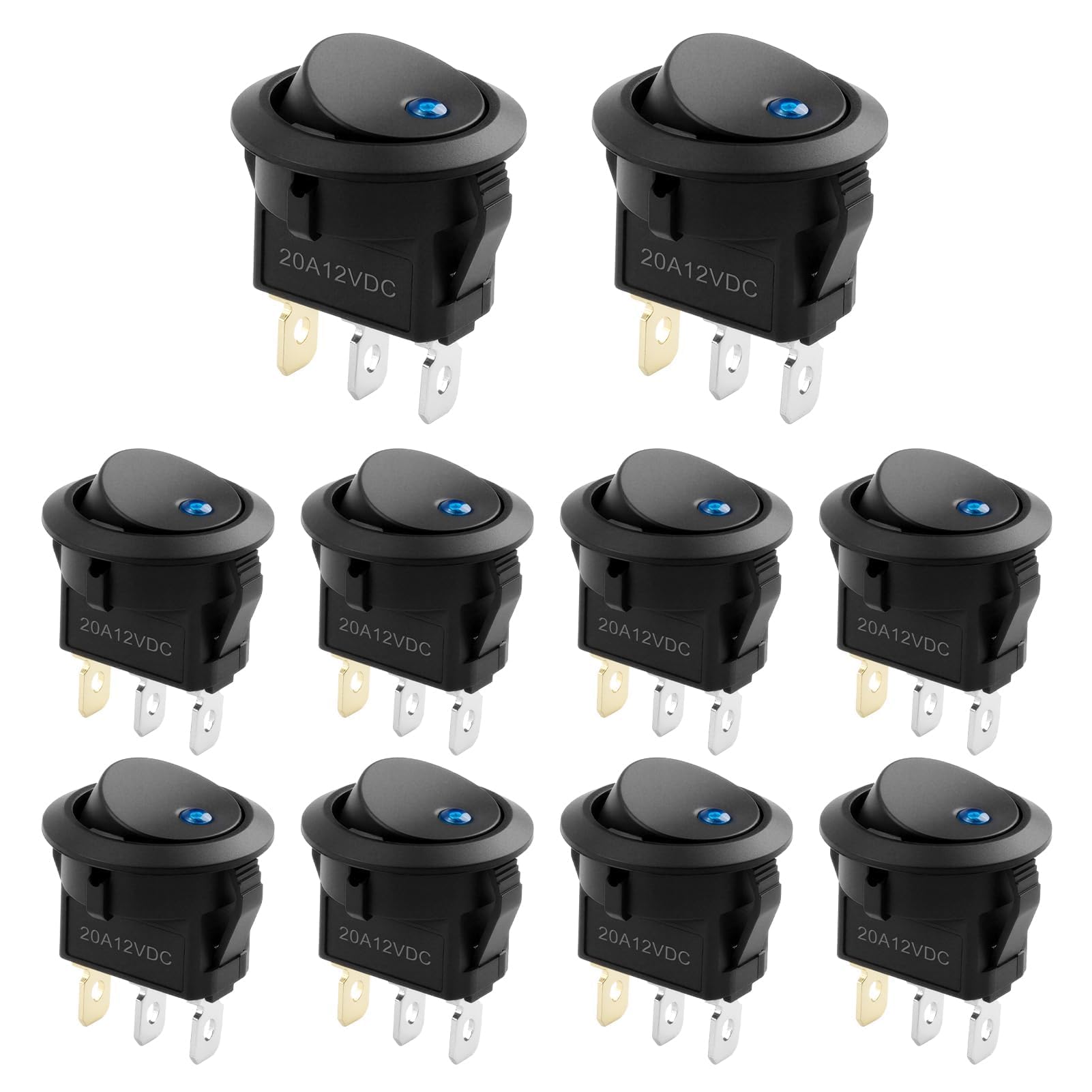 10PCS Interruptor 12V 20A con LED Azul, Interruptor SPST On Off Impermeable, Nylon PA66 Certificado, Interrupto r para Coche, Barco, Caravana, Pulsador Interrupto r 3 Polos