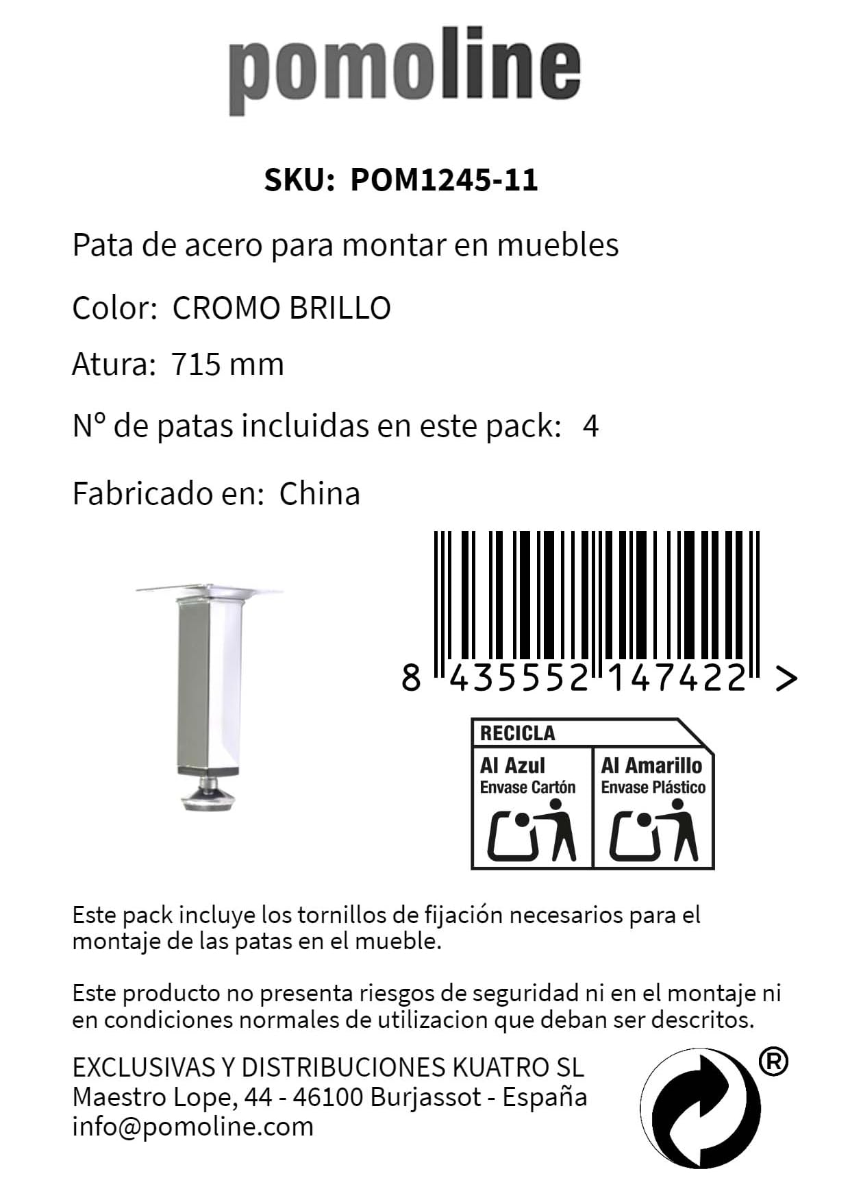 4 un. Pata pie cuadrada para Mesa en acero 25x25mm altura 700mm cromo con regulador Nivelador de 15-25mm