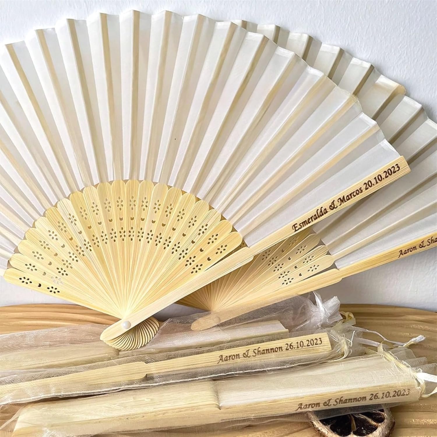 Custom Engraved Folding Fans for Guests,Customized Multiple Colors Folding Hand Fans with Organza Bag Wedding Bridal Party Favors (70Pcs)