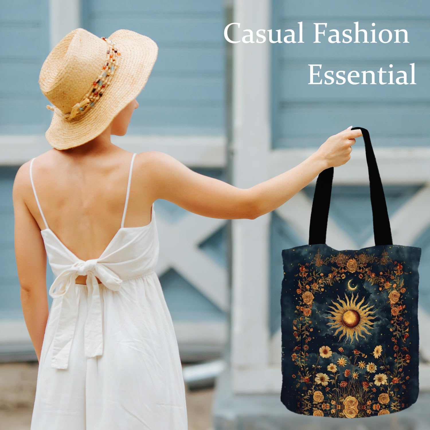 Gloomy Boho Sun Floral Tote Bag, Witchy Gothic Sun and Moon Night Canvas Tote Bags for Women, Mystical Celestial Boho Botanical Reusable Grocery Shopping Bags - Image 3