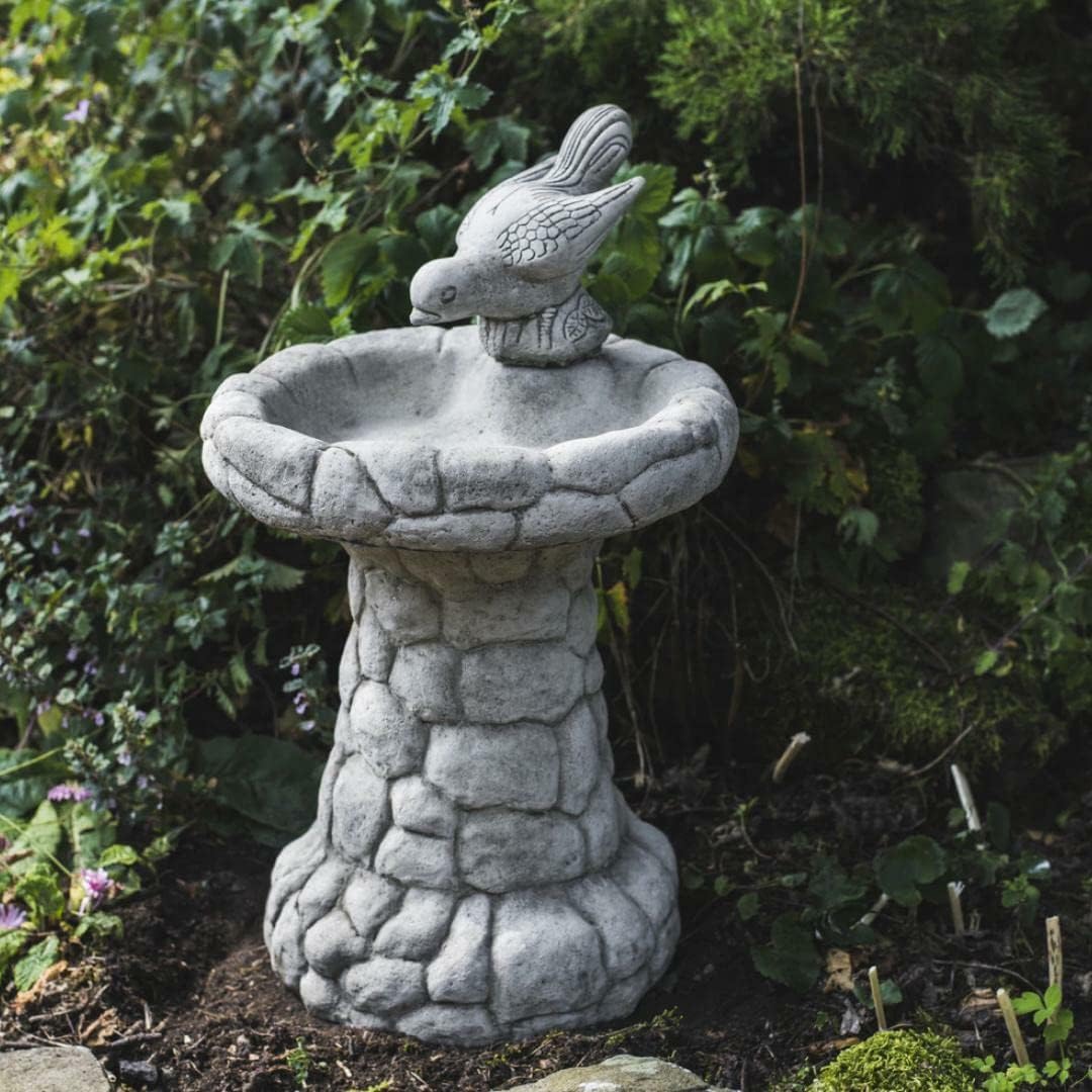 DGS STATUES Stone Cast, Birdbath/Feeder, Bubble Stone Wall Design with Single Bird, Hand