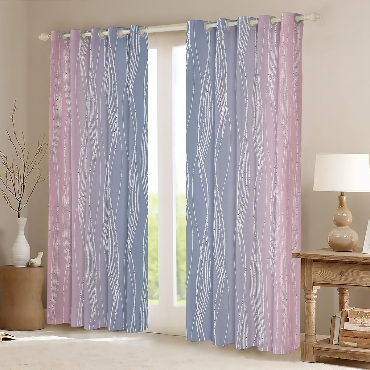 Homewish Pink & Grey 46" Wx54 L Blackout Curtains for Girls Room, Watercolor Ombre, Geometric Wavy Stripe, Abstract Pattern - Image 2