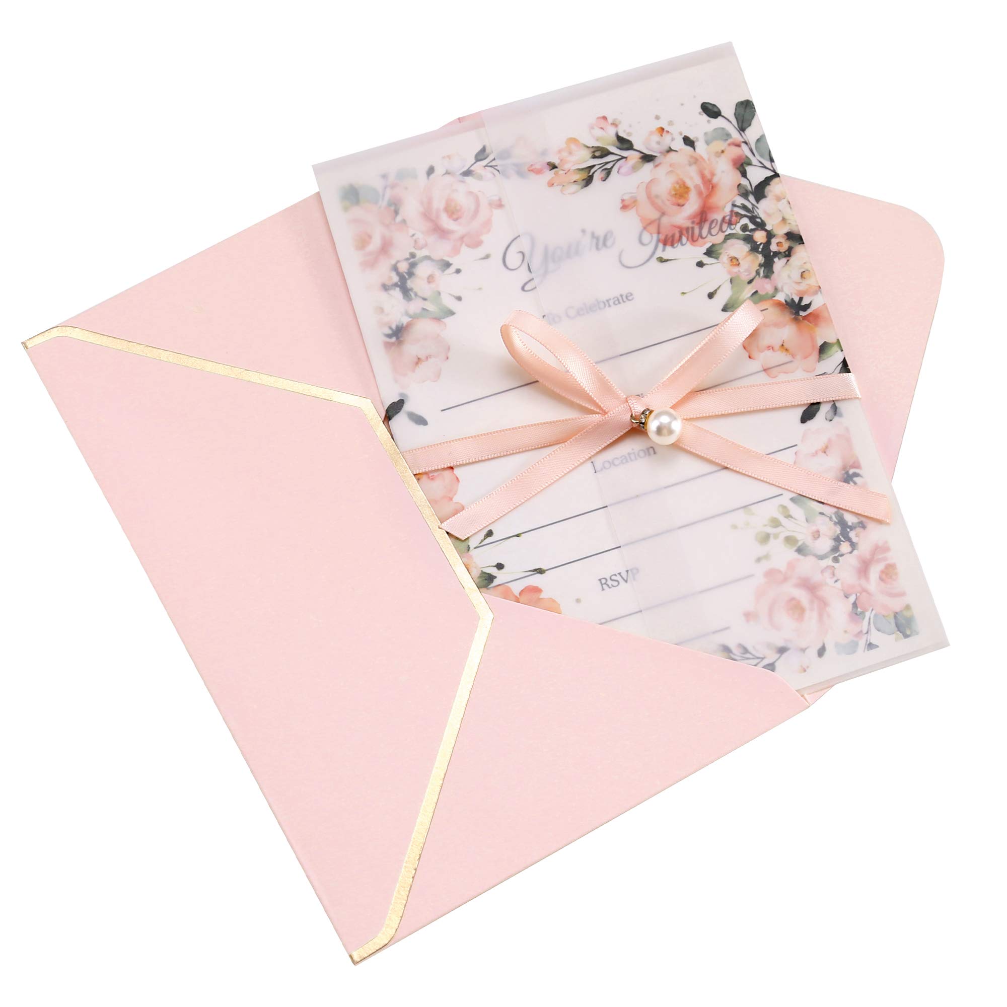 Doris Home 25PCS Pink Invitations Cards with Envelopes and Fill-in Inner Sheets for Bridal Shower Invite, Baby Shower Invitations, Wedding, Rehearsal