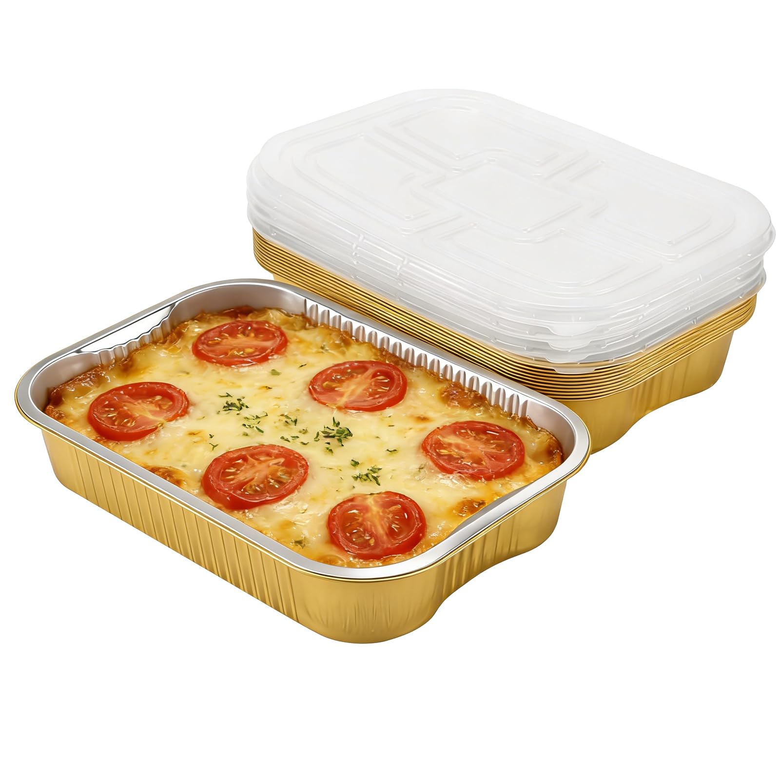 SINJEUN 12 PCS Large Aluminium Foil Trays 3500ML, Reusable Foil Food Containers with Plastic Lids, Aluminium Takeaway Containers for Baking Cooking Roasting, Gold(33 x 22.5 x 6 cm)