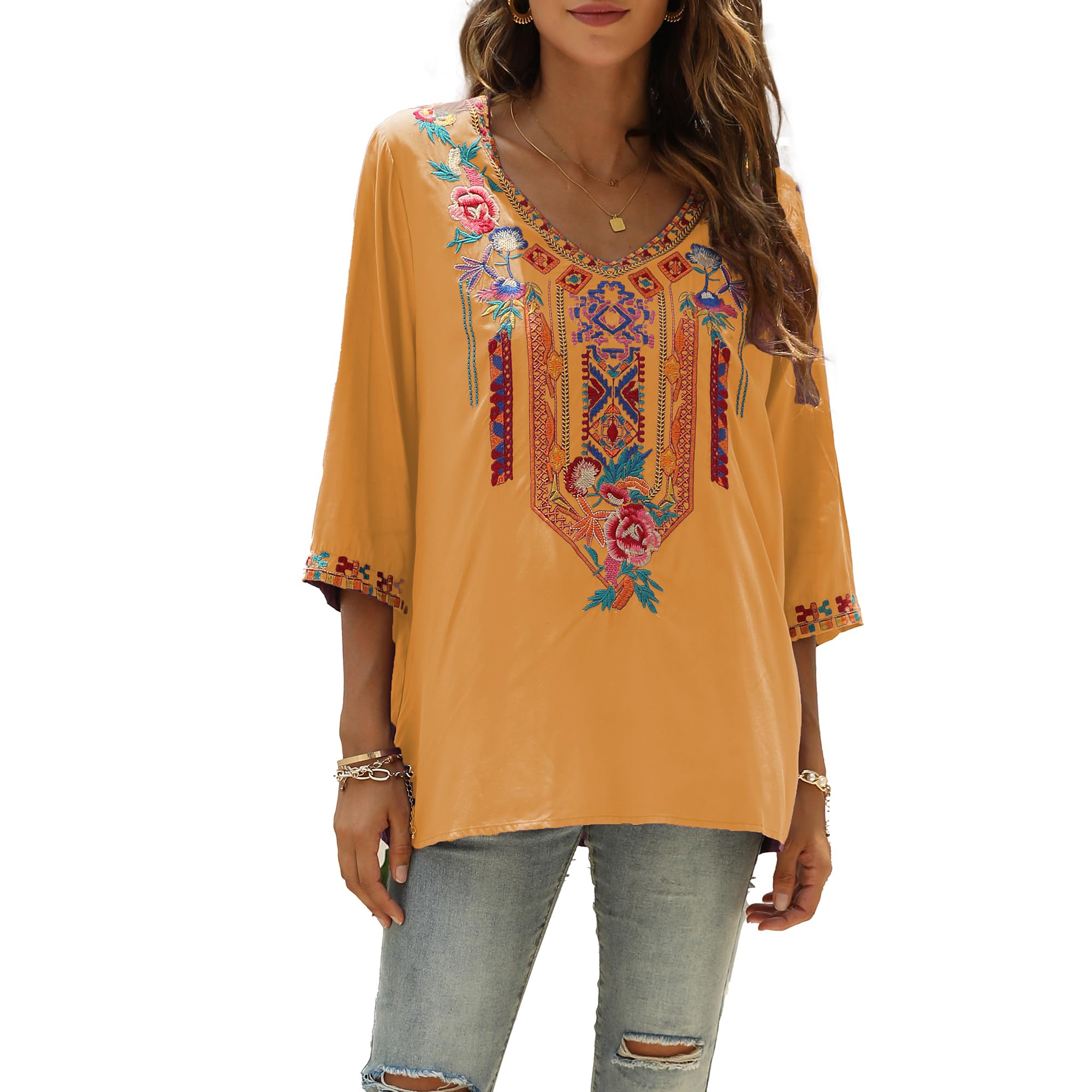 Hippie Vêtements Dames Bohème Folklore Broderie Blouse Manches 3/4 Col V Tunique D'été Haut Décontracté(328,Couleur Orange,2XL)