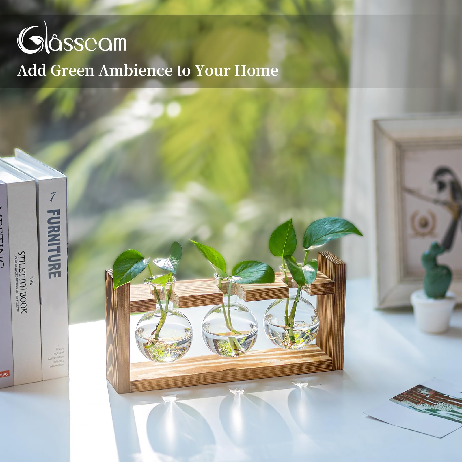 Glasseam Wazon na kwiaty w stylu vintage, małe wazony do dekoracji stołu, nowoczesne, szklane, probówki na kwiaty, ze stojakiem, drewniana stacja propagująca, do salonu, na zewnątrz, chrzest, urodziny | Słoik terrarium, do ziół, cięcia, na biurko, salon,