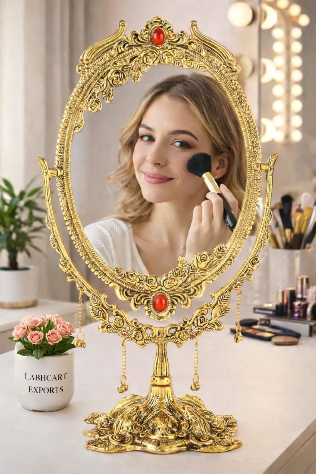 LABHCART Vintage Vanity Mirror with Stand, Oval Double Side Makeup Mirror, Gold Metal Frame with Red Gemstones, Decorative Table Top-image-43