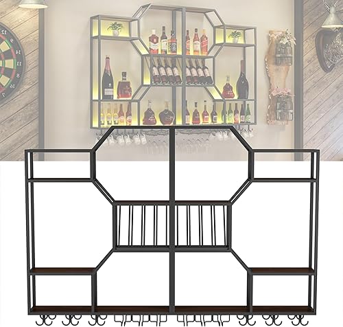 Miniatura 12 de Estantes para vinos, estantes de bar montados en la pared con estante colgante para copas de vino y luz LED, estante de exhibición de botellas de