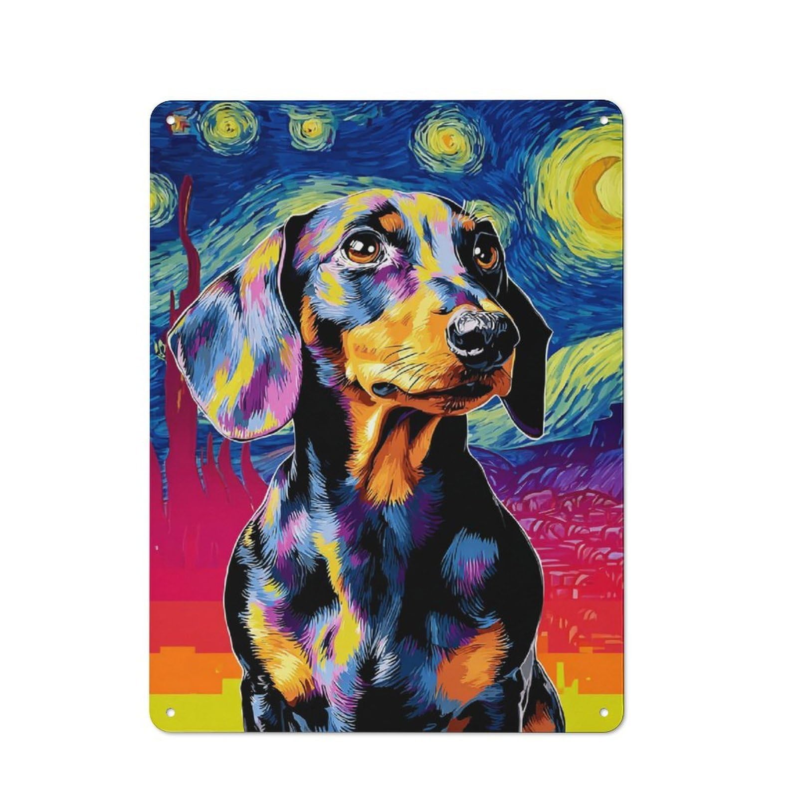 Junmoney Starry Night Dachshund Vibrant Artwork Rustic Metal Sign 40X30cm For Living Room Wall, With Clear Rustic Wall Decor Character