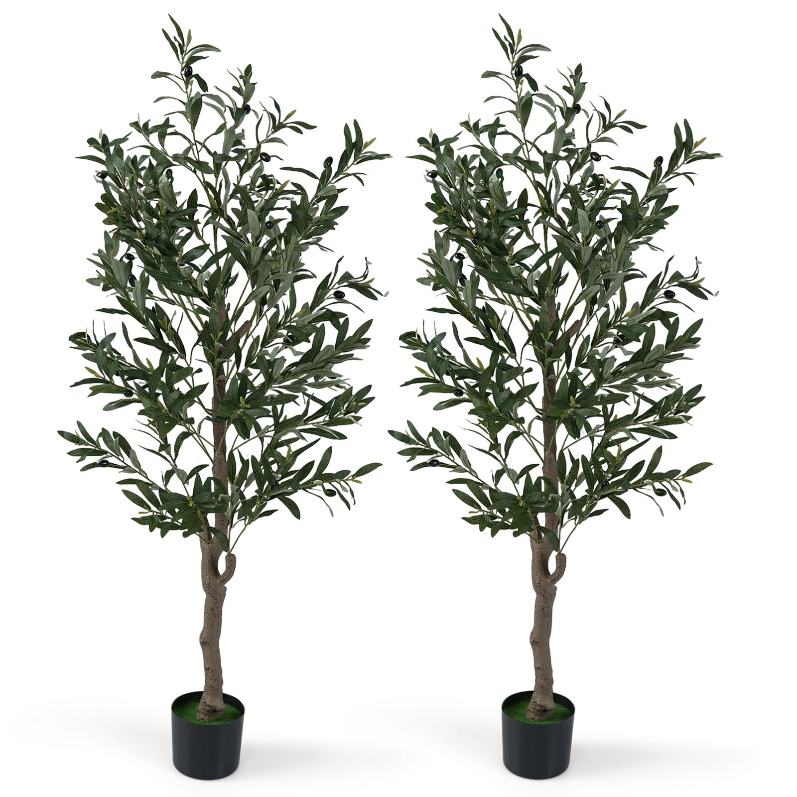 COSTWAY Lot de 2 Plantes Artificielles en Pot Hauteur 150CM, Olivier Artificiel avec Fruits et Mousses Réalistes Base Stable Tronc Robuste en PE, Arbres Faux Décoration pour Salon Bureau