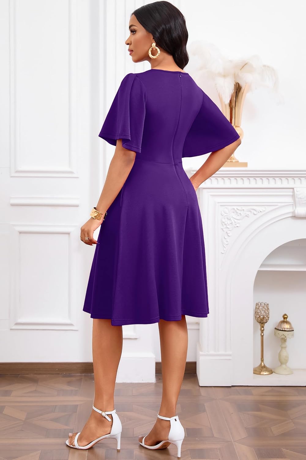 Nmoder Womens Wedding Guest Dress|A-Line Ruffle Flared Sleeve Summer Midi Dresses for Party Church Crewneck with Pockets - Image 5