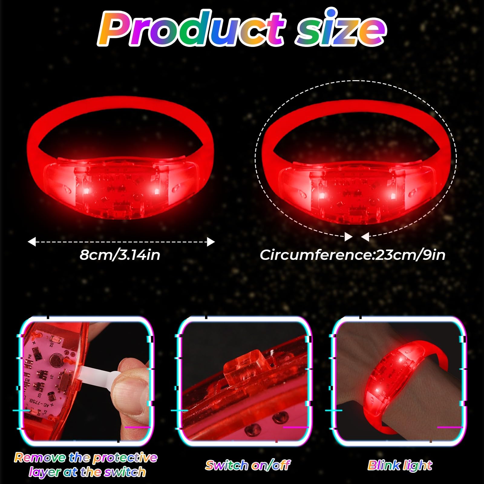 Lot de 24 bracelets lumineux clignotants activés par le son - Contrôle de la musique - Bracelets phosphorescents pour récompenses de jeux de rave, carnaval, concerts, événements nocturnes