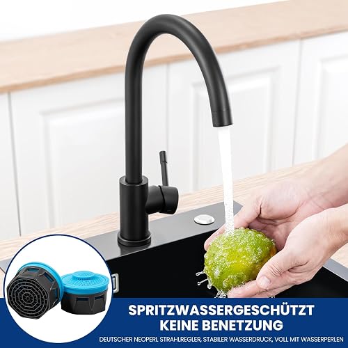 CECIPA Faucet kitchen black 360° rotatable, high pressure kitchen faucet black, mixer tap kitchen with high arc, single lever tap, sink fitting stainless steel, G3/8 connection fixture - 3