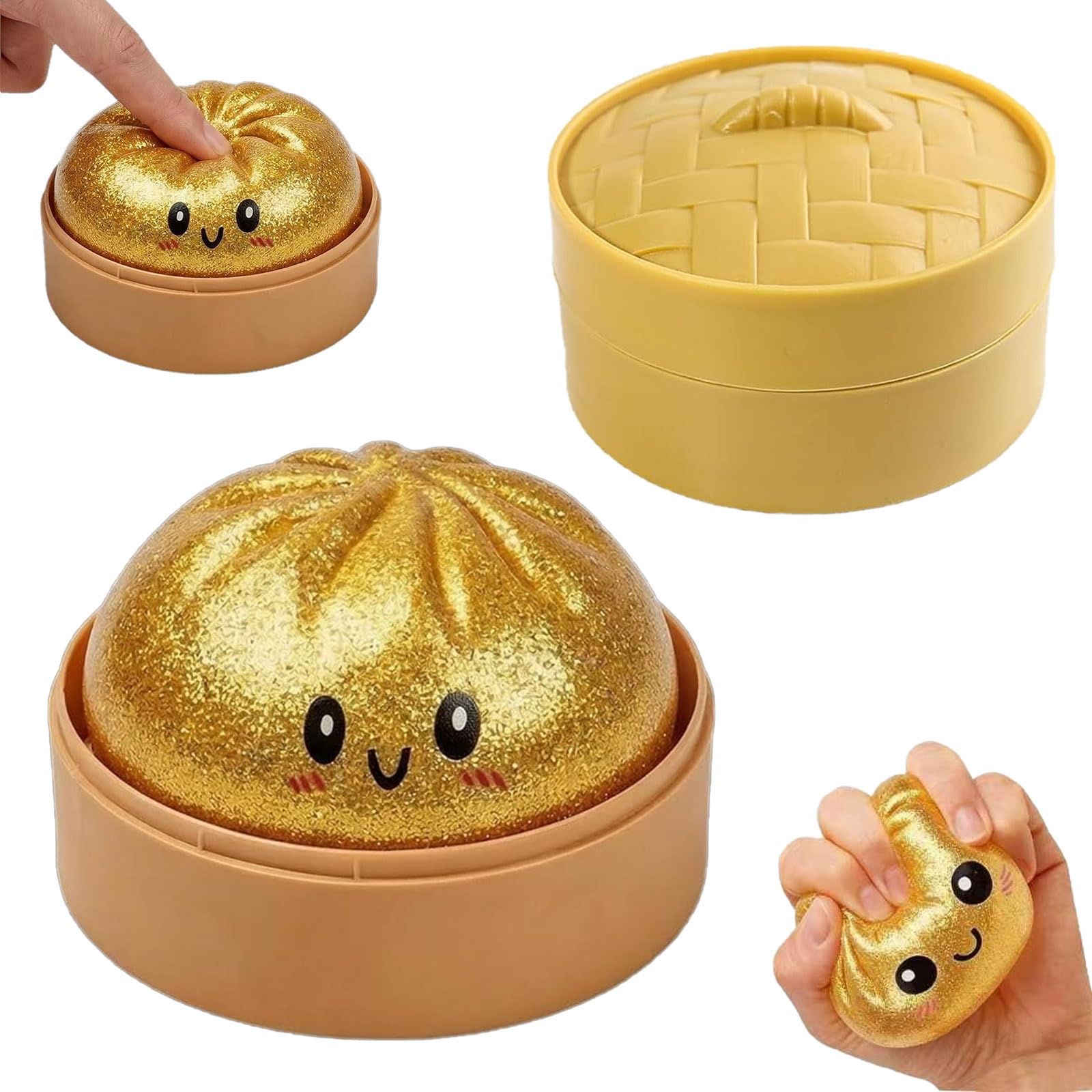 Dumpling Squishy, Glitter Dumpling, Giant Dumpling Squishy with Steamer Box, Stressball Langsame Rückfederung, Stressabbau-Spielzeug für Erwachsene (Gold)
