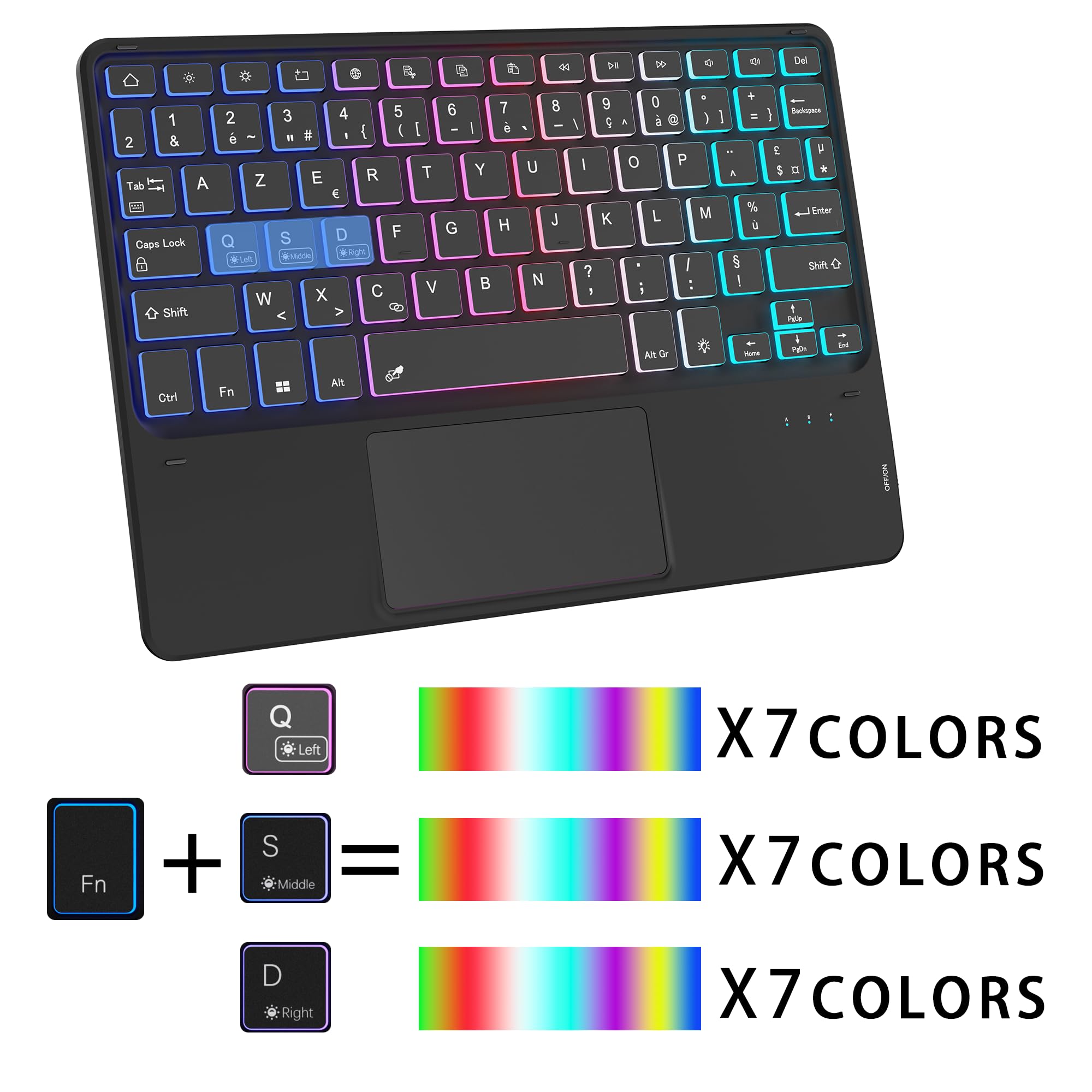 pour Samsung Galaxy Tab A9+ 11 pouces Étui avec clavier détachable - français AZERTY, Clavier rétroéclairé 3 zones 7 couleurs DIY avec pavé tactile - Étui clavier pour Galaxy Tab A9 Plus 11" 2023