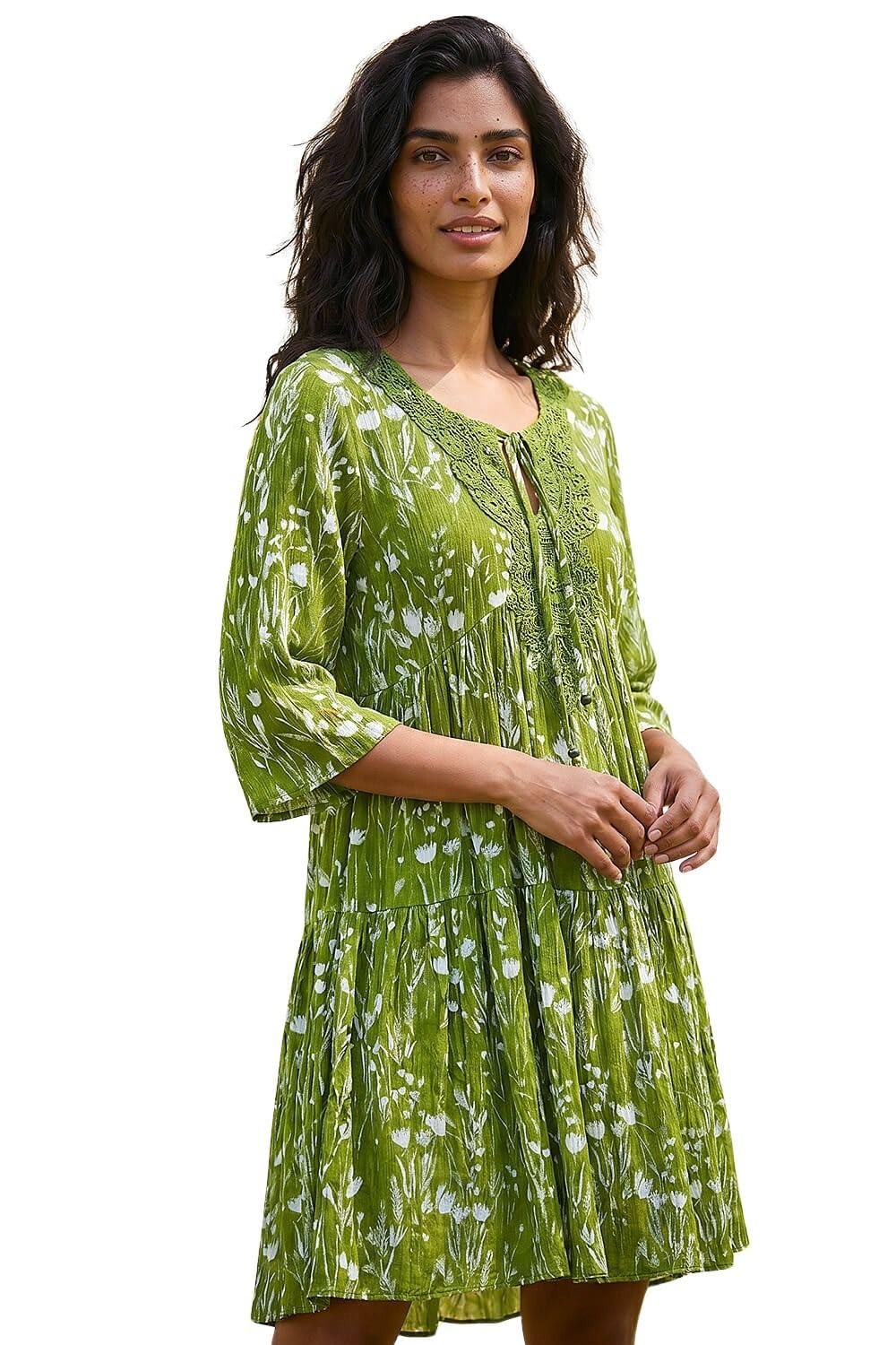 Roman Women's Floral Print Lace Detail Smock Dress in Khaki | Size: 18