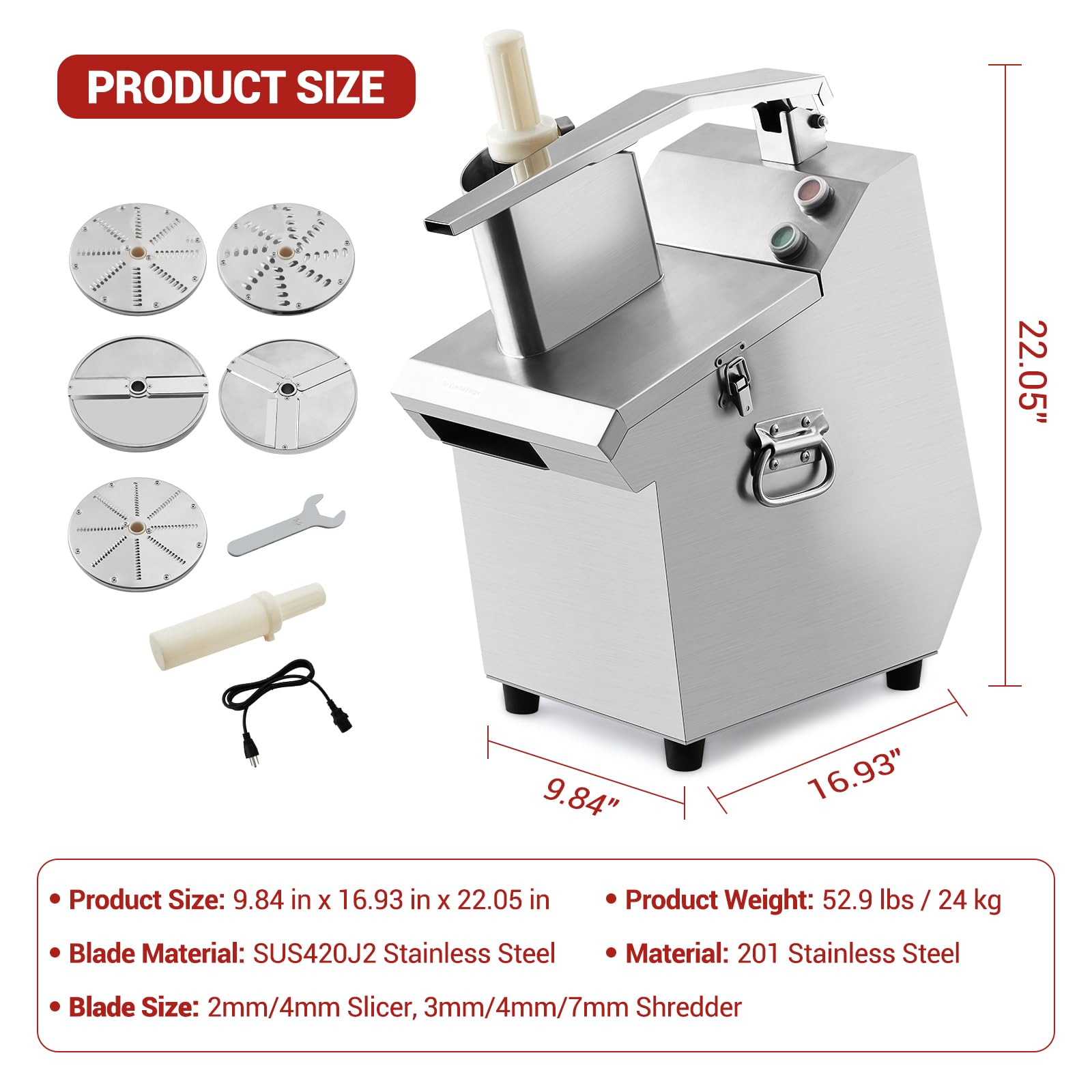 Takywep - Procesador de alimentos comercial de 550 W con 2 agujeros de alimentación, procesador eléctrico de verduras de acero inoxidable desmontable, 5 cuchillas de 3 mm/4 mm/7 mm trituradas y
