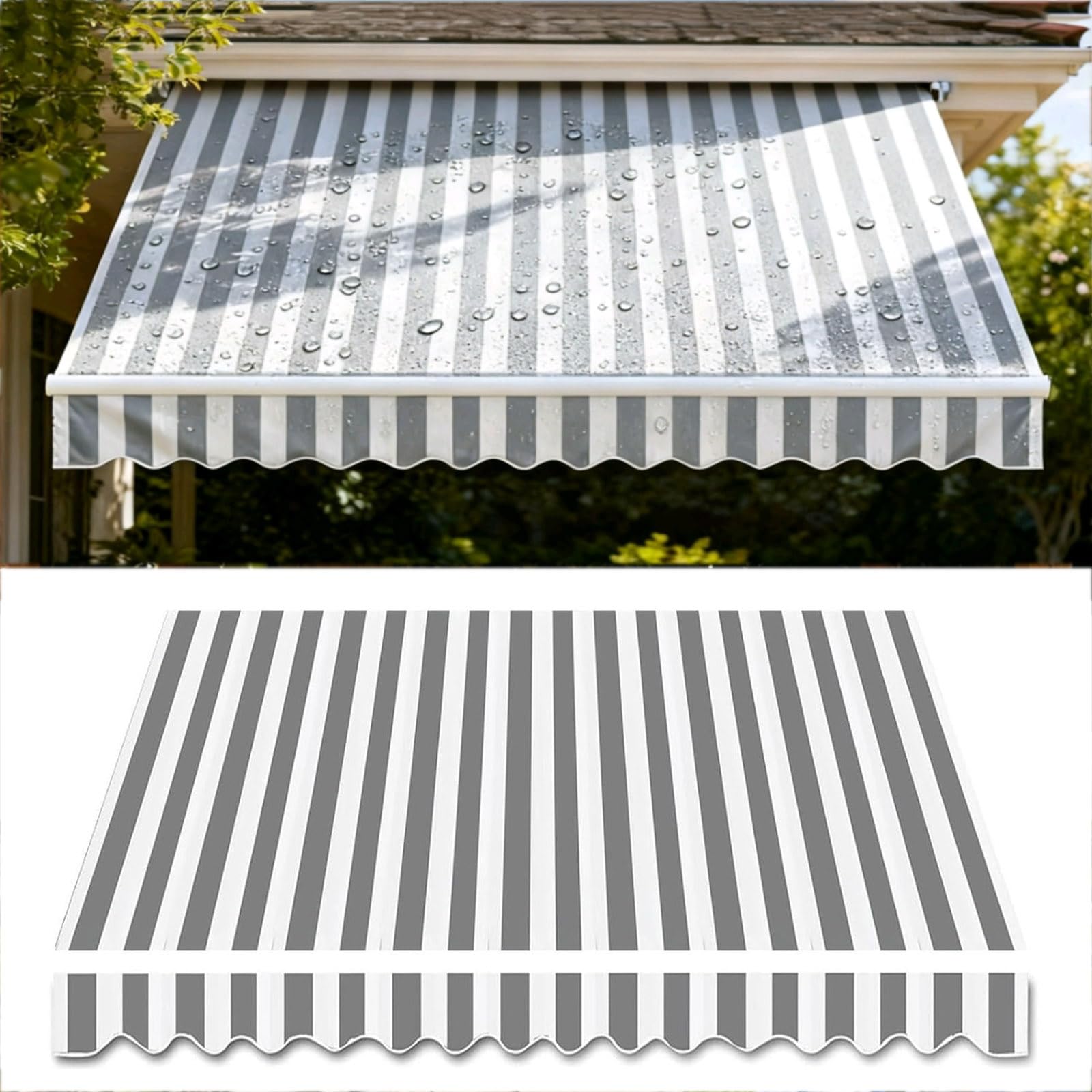Pink Palm Manual Retractable Outdoor Patio Awning Replacement Fabric (without Frame) 280g Ployester Garden Sunshade Shelter Canvas Canopy with Front Valance(Size:3.5x2.5m,Color:Gray White Stripes)