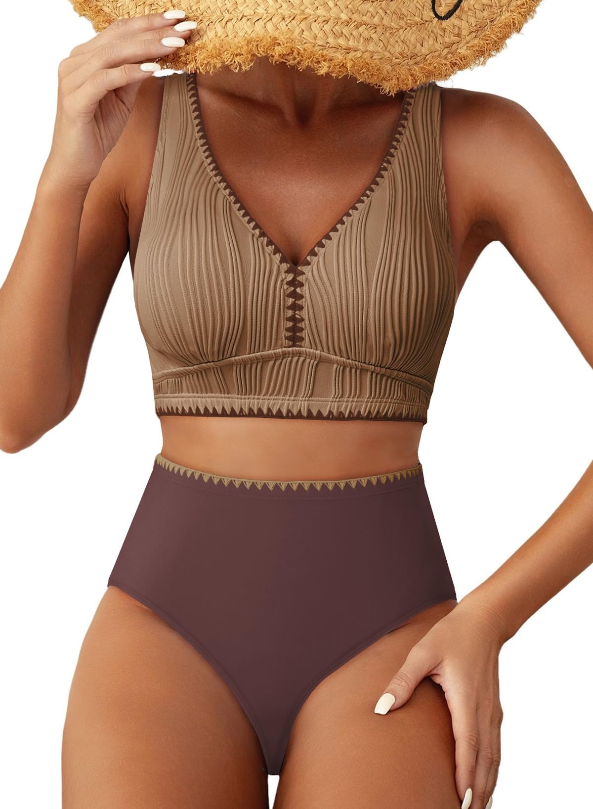 Herseas High Waisted Bikini Sets for Women - Textured Whip Stitch 2 Piece Swimsuit Bestselling Summer Beach Bathing