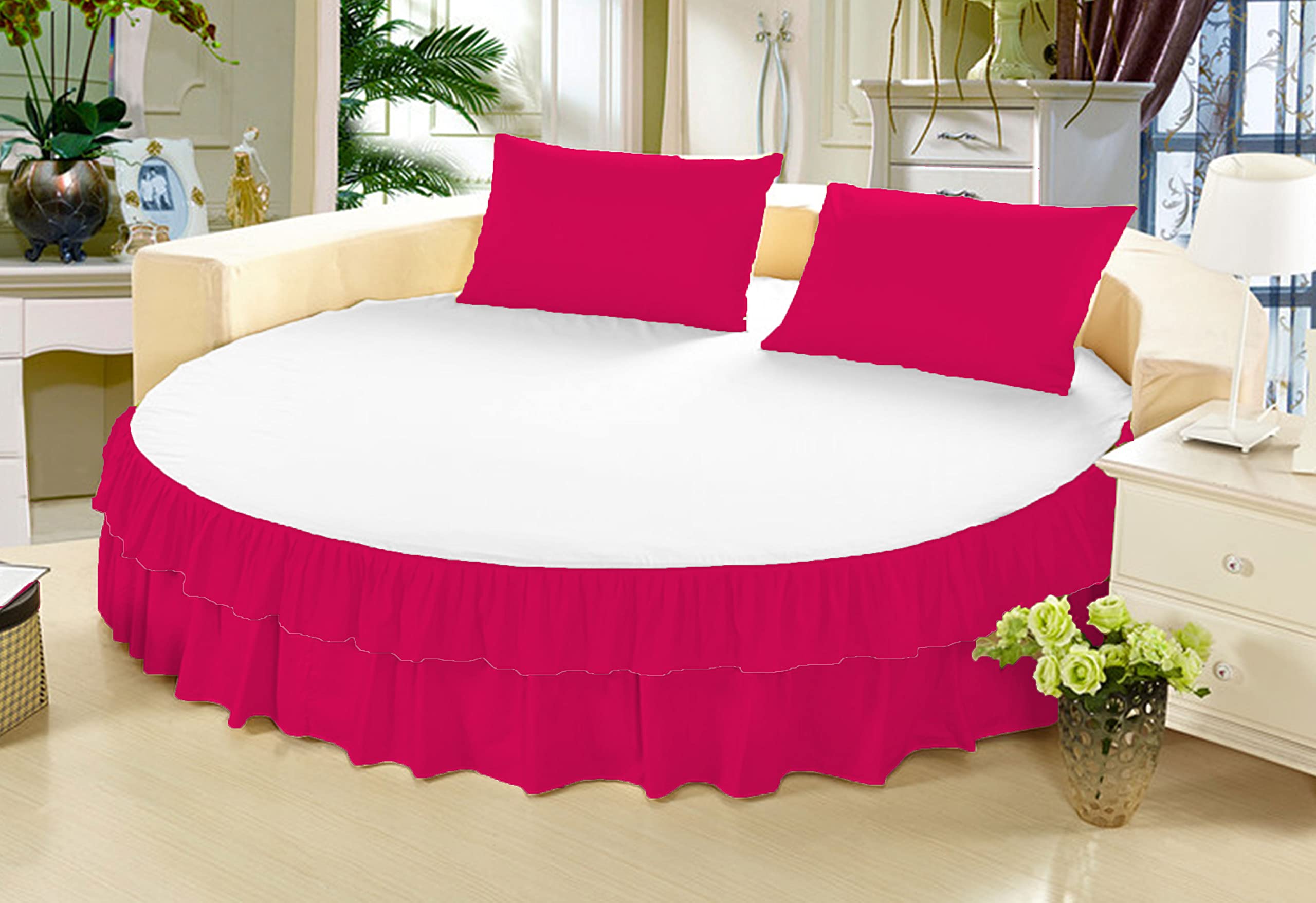 Biancheria da letto, 3 pezzi, gonna rotonda con volant, 38,1 cm, lunghezza di goccia in cotone egiziano 600 TC, colore rosa caldo, diametro 243 cm