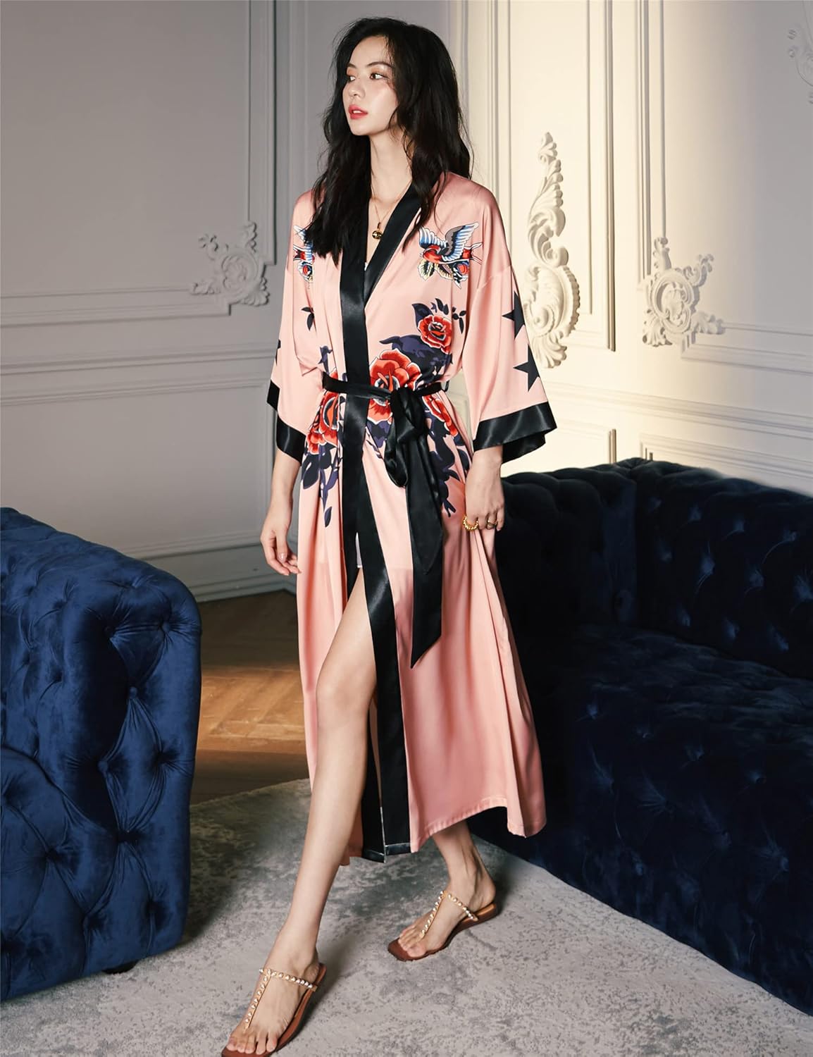 Women's Long Silk Robes Long Satin Robes Long Kimono Robes Floral Silky Bathrobes Dressing Gown, One Size - Image 5