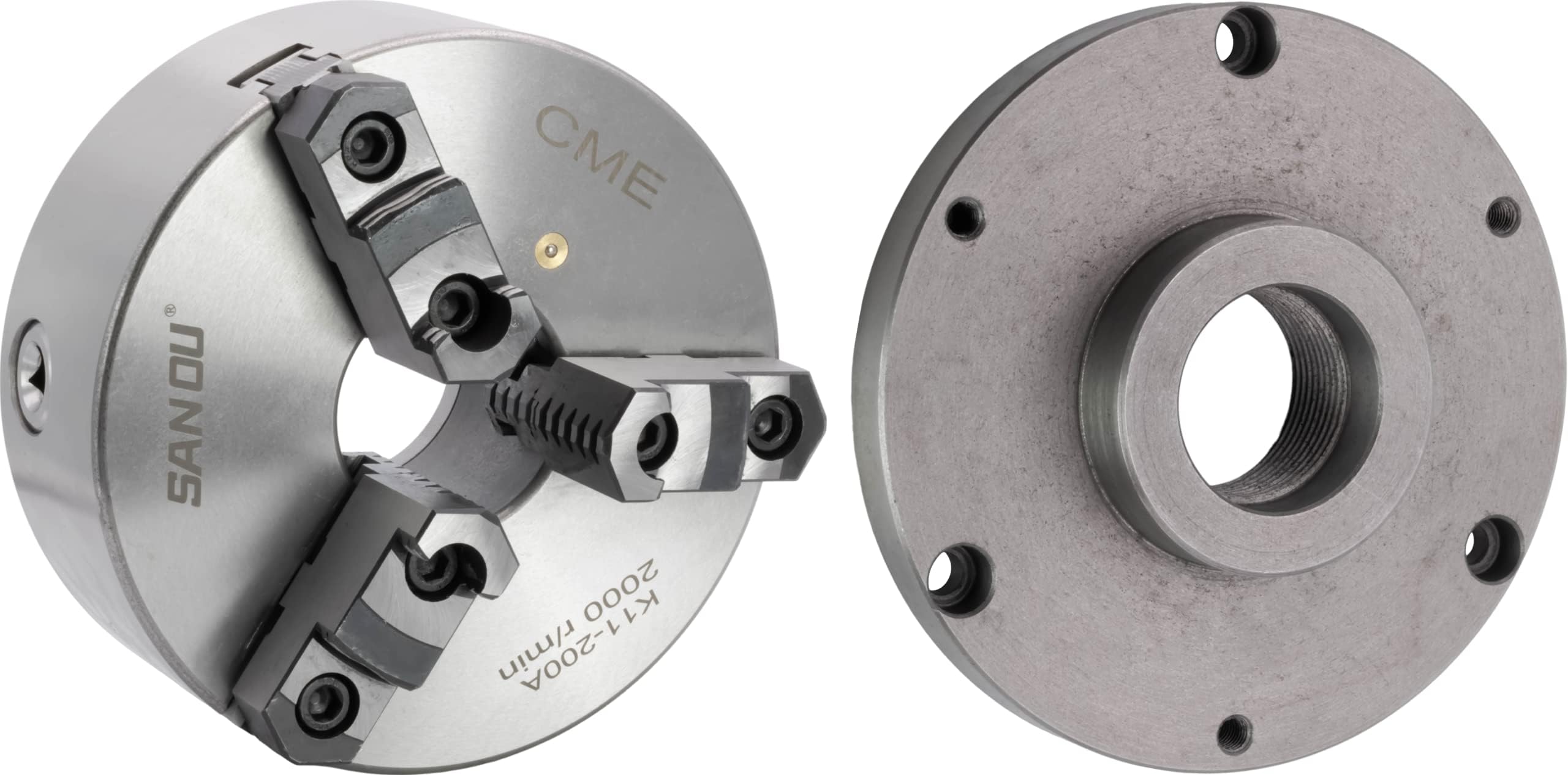 CME 8" 3-Jaw Self-Centering (Scroll) Lathe Chuck with 2 1/4"-8 Threaded Backing Plate, Two-Piece Reversible Jaws