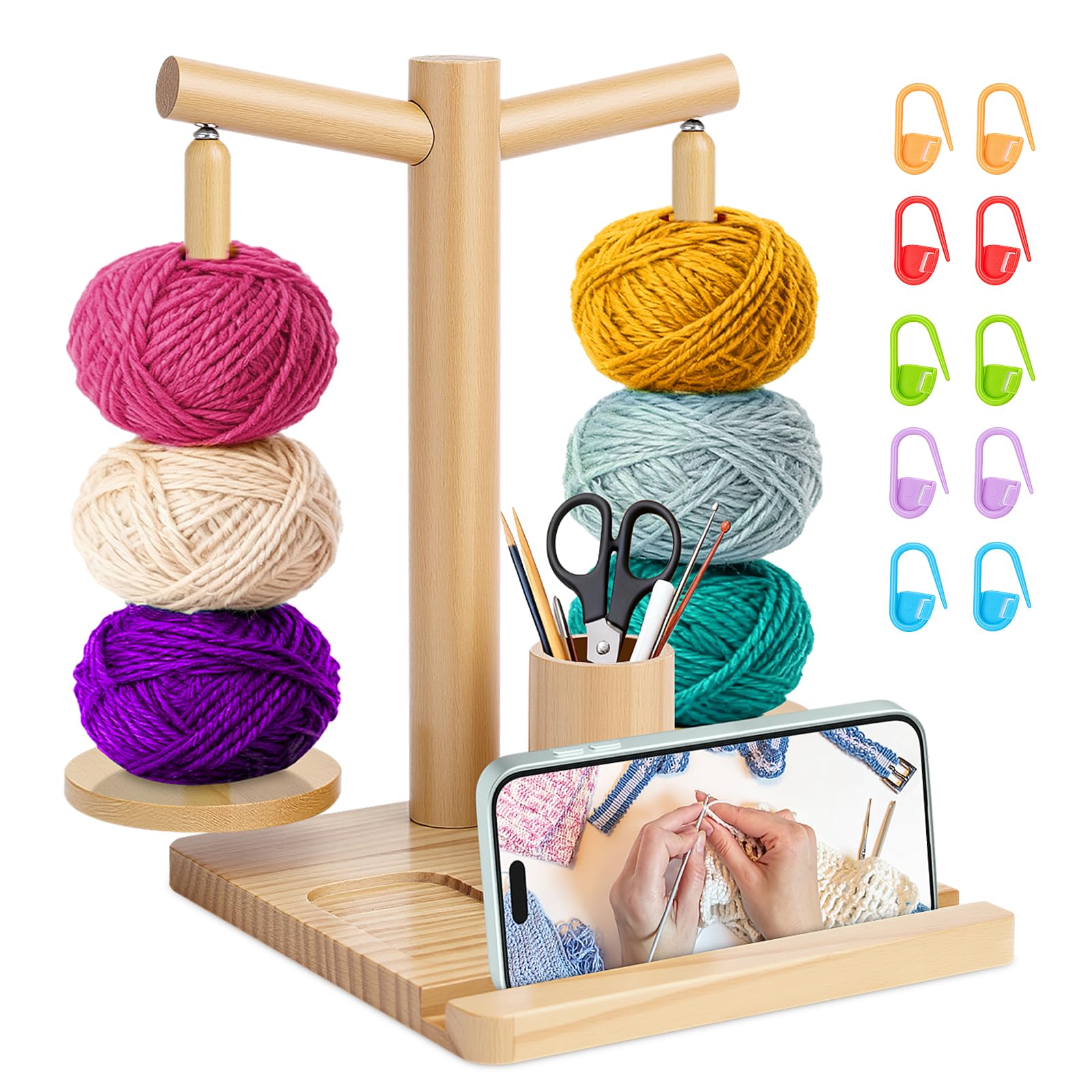 SelfTek Yarn Holder - Magnetic Yarn Holder for Crochet Wooden Dual Wool Holders with Phone Stand and Knitting Accessories Organiser Wool Ball Dispenser Rotating Tool