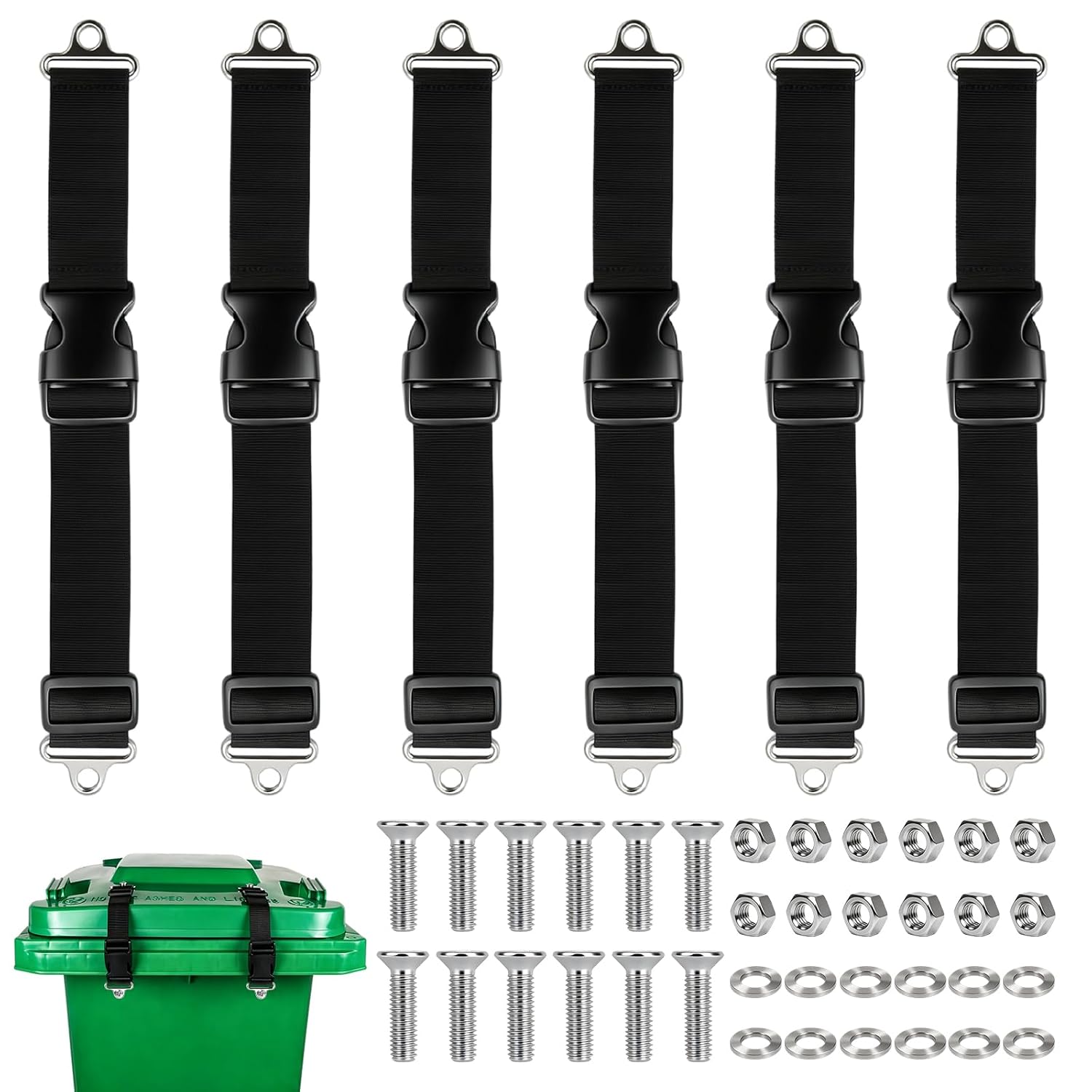 6 Pcs Bear Proof Trash Can Locks, Heavy Duty Security Strap | for 28-96 Gallon Outdoor Bins, Universal Adjustable Strap Garbage Can Locks, 12 Pcs Screws