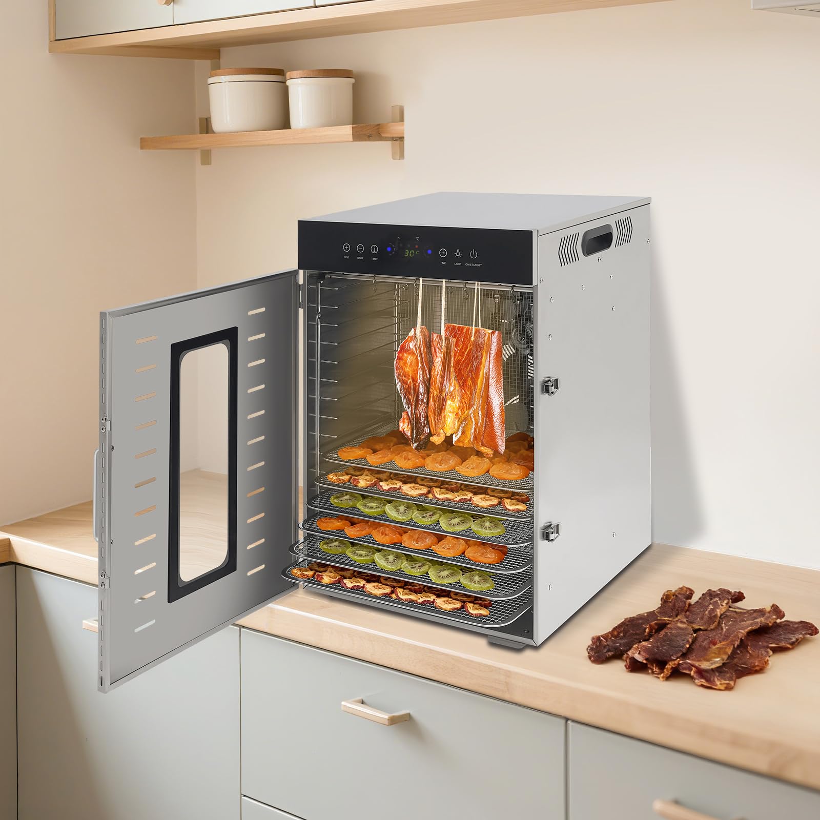 Deshidratador de acero inoxidable con 16 niveles, control de temperatura de 20 – 90 °C, temporizador de 24 horas y libro de recetas, 1370 W, doble ventilador deshidratador para un secado eficiente de