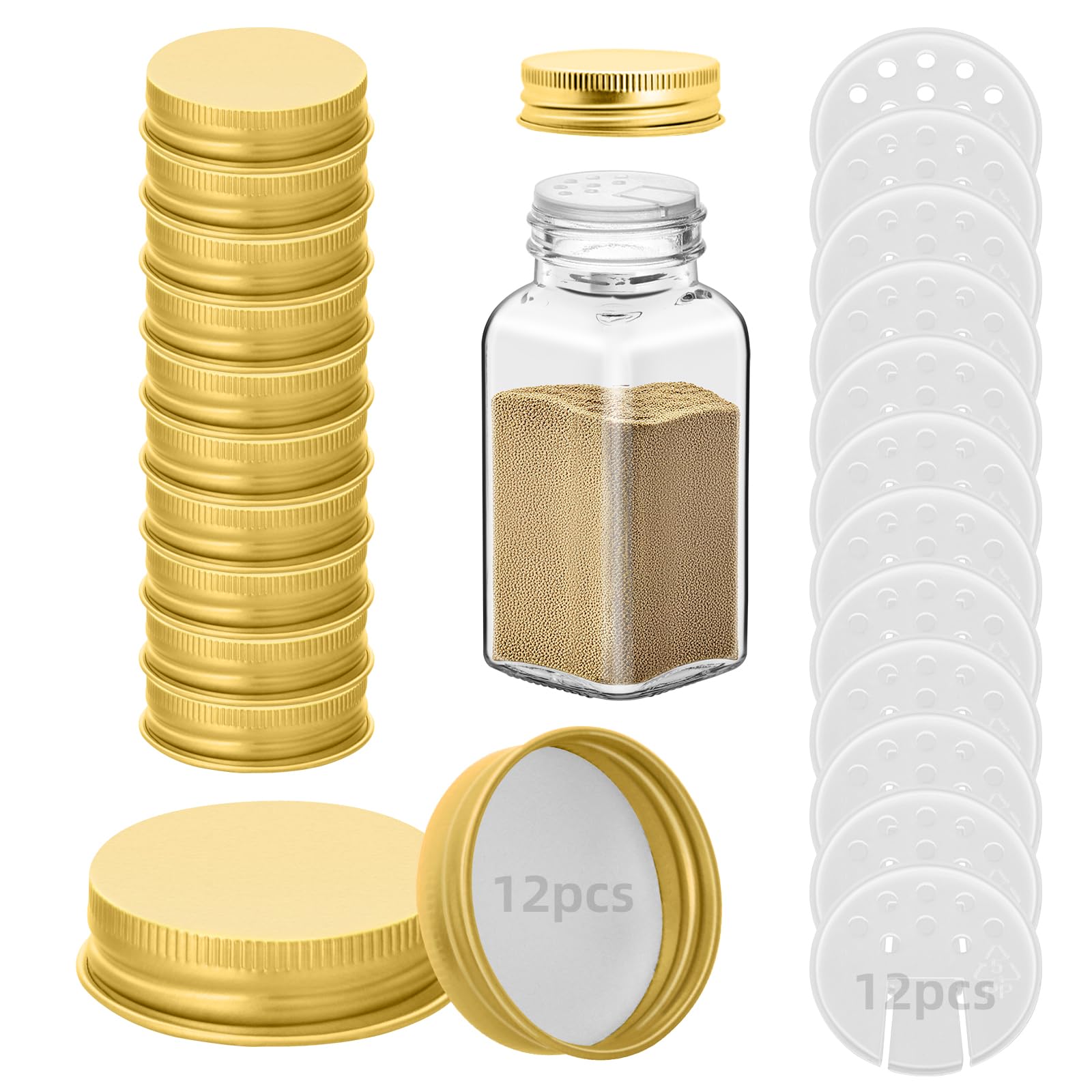 Eispap Gold 12 Iron Spice Jar Lids With 12 Shaker Inserts, Fit 4Oz & 6Oz Glass Jars, Airtight Metal Caps, 2-In-1 Pour & Sprinkle Design For Salt, Pepper & Seasoning (Jars Not Included) (Gold)