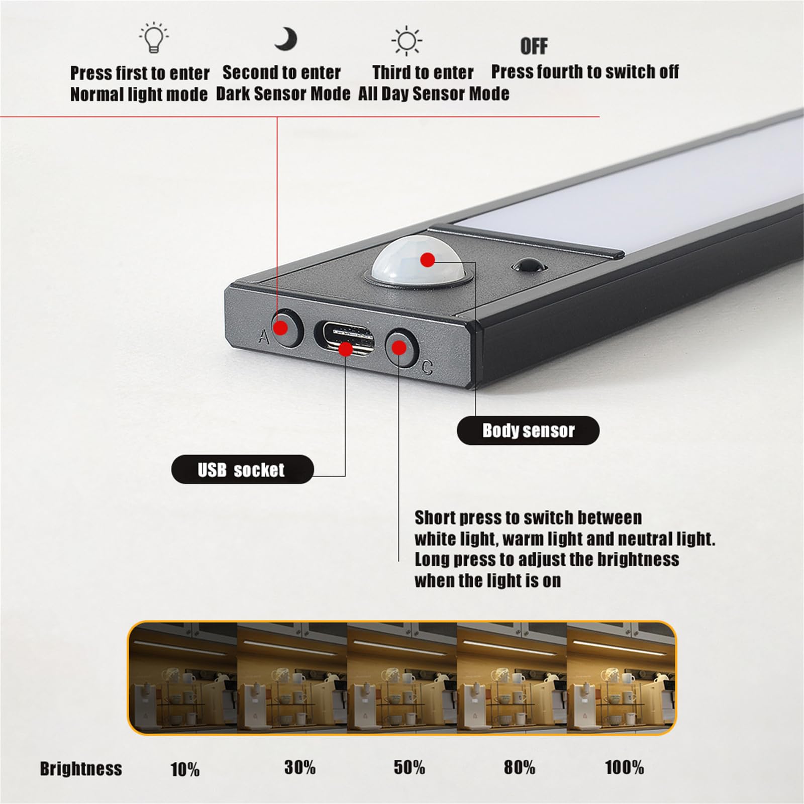 Lámpara de Pared LED para Armario con Sensor de Movimiento, iluminación de Pared Regulable de 3 Colores, Apliques de Pared con batería Recargable USB, luz de Pared inalámbrica para