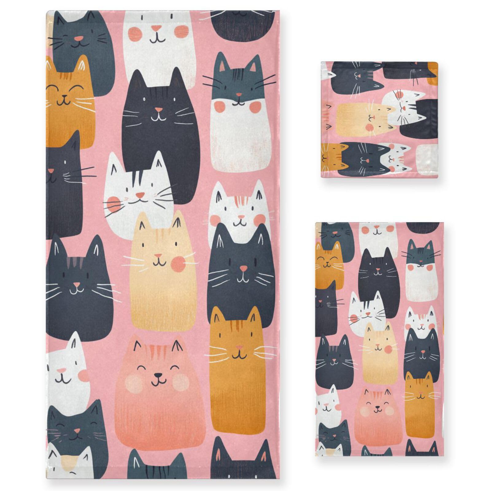 Set di 3 asciugamani da viso con illustrazione di gatto in stile cartone animato, 3 pezzi, 1 asciugamano da bagno, 1 asciugamano per le mani, 1 panno per il viso del corpo