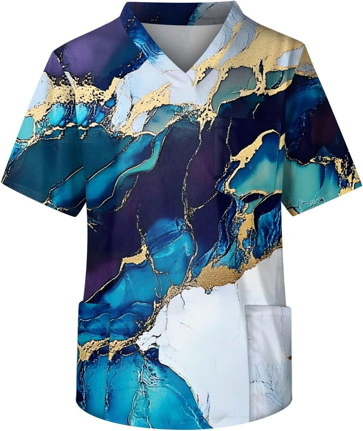 Men's V-Neck Scrubs Top Short Sleeve Printed Stretch Work Scrub Shirts with Pockets