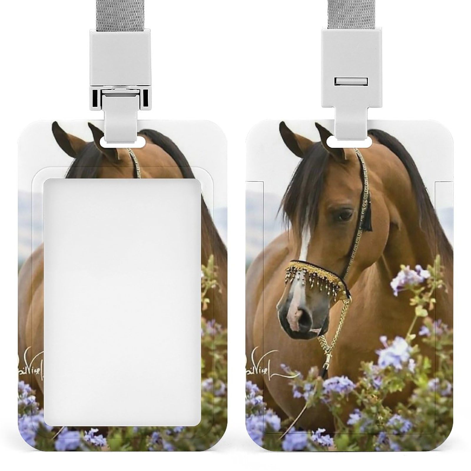 Amazon.co.jp: IDカードホルダー 馬 うま 美しい 花 縦型 社員証 名札